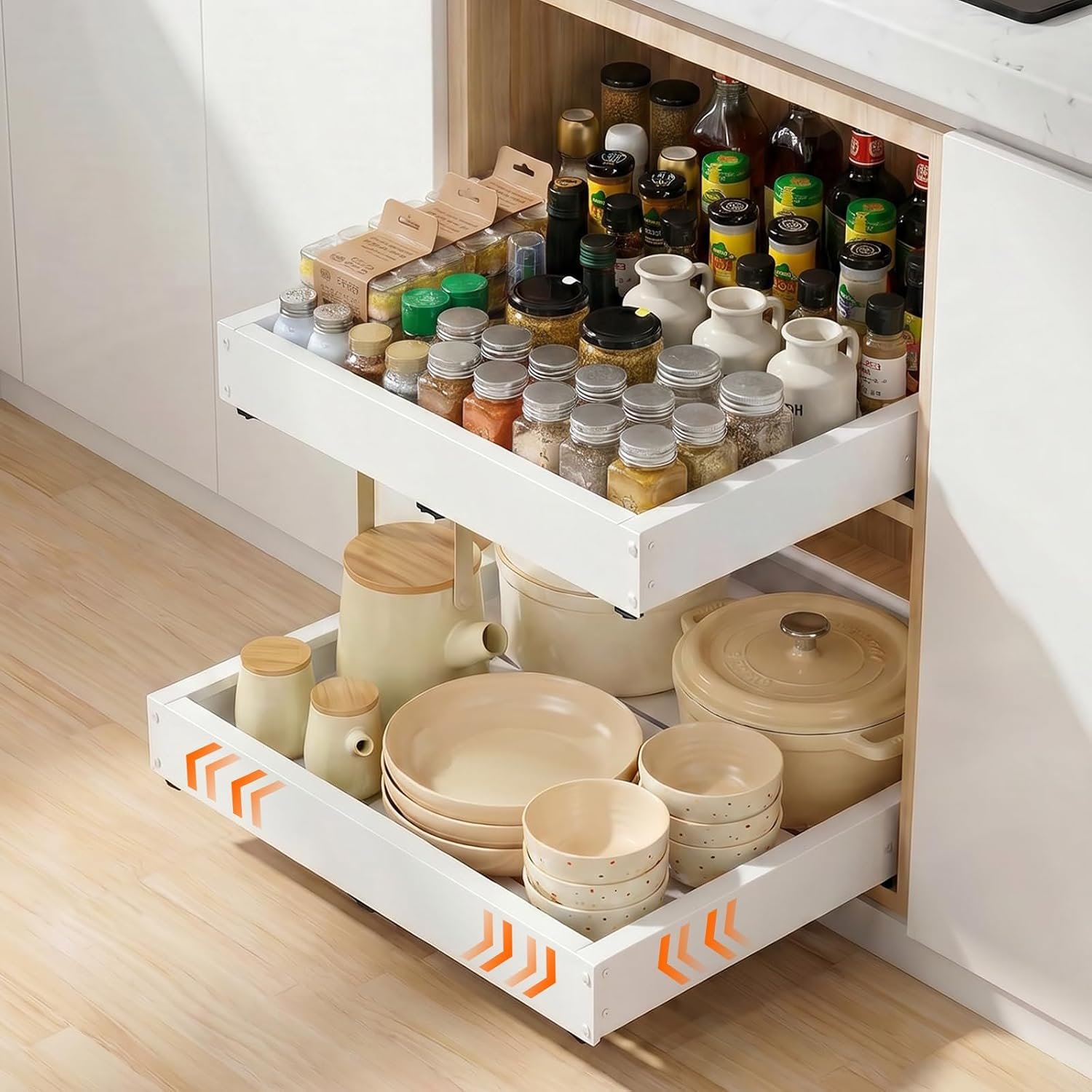 UFORU Pull Out Cabinet Organizer,4‑Side Expandable Drawer with 3 Rails | Adjustable Width 11.4″-18.9″,Depth 16.3″-21.7″,No Drill Adhesive,Nail Fixed, Roll Out Shelves for Kitchen,Pantry