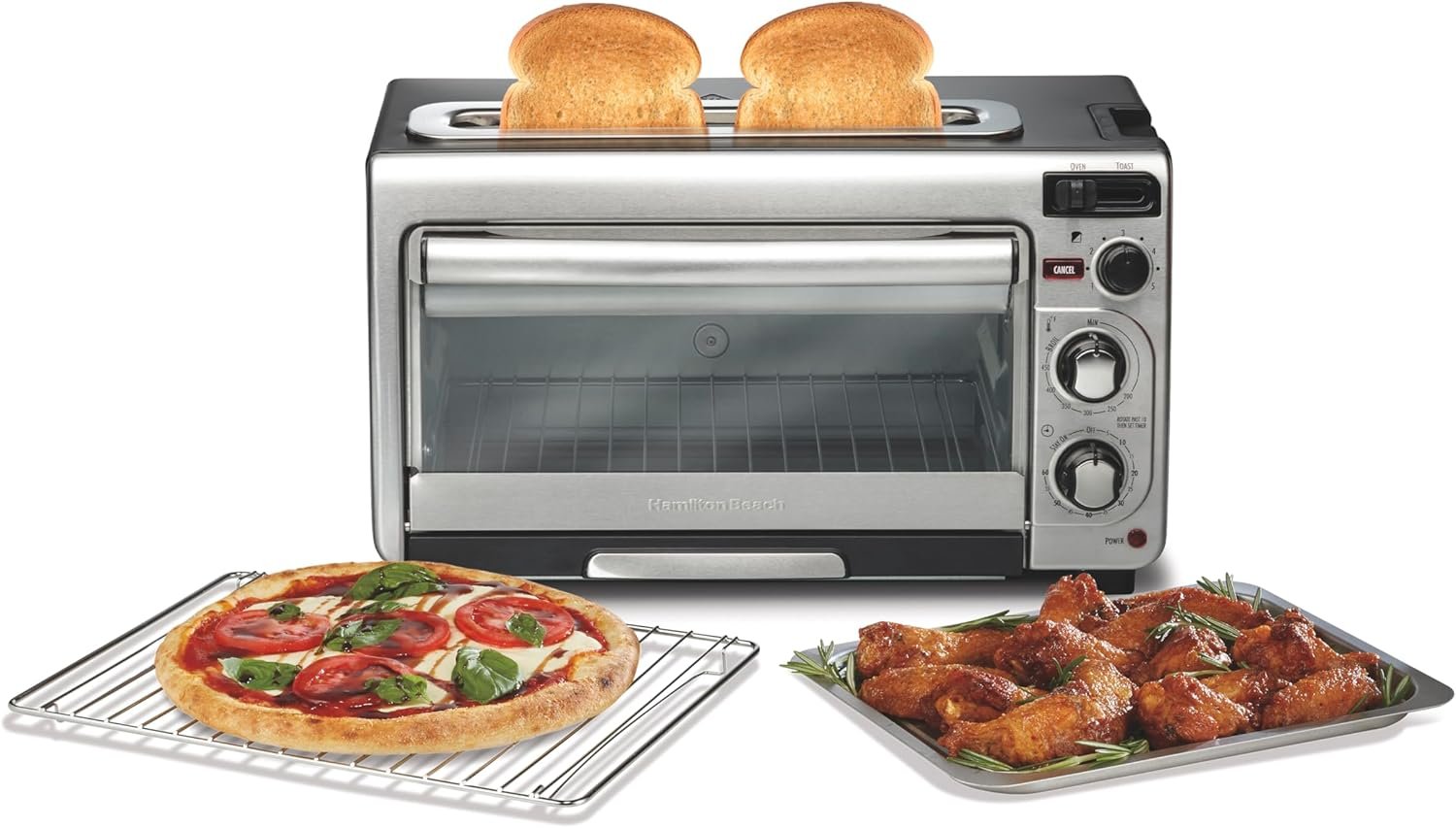 Hamilton Beach 2-in-1 Countertop Toaster Oven and Long Slot 2 Slice Toaster | Bake, Broil Toast | 2 Rack Positions | 60 Minute Timer | Automatic Shut Off | Shade Selector | Stainless Steel | 31156J