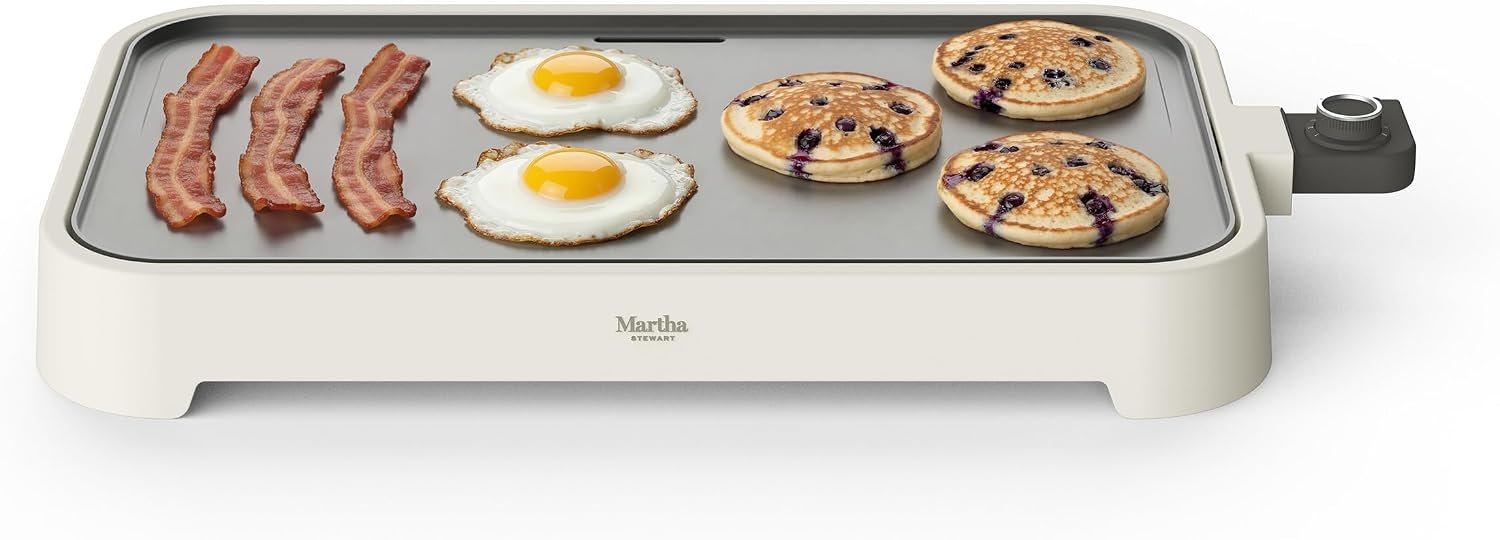Martha Stewart 12″x 22″ XL Electric Griddle, Ceramic Nonstick Flat Top | PFAS-Free Nonstick Grill, XL Cooking Surface for Pancakes & Eggs, Adjustable Temp Dial, Drip Tray, 1500W Heating, Linen White