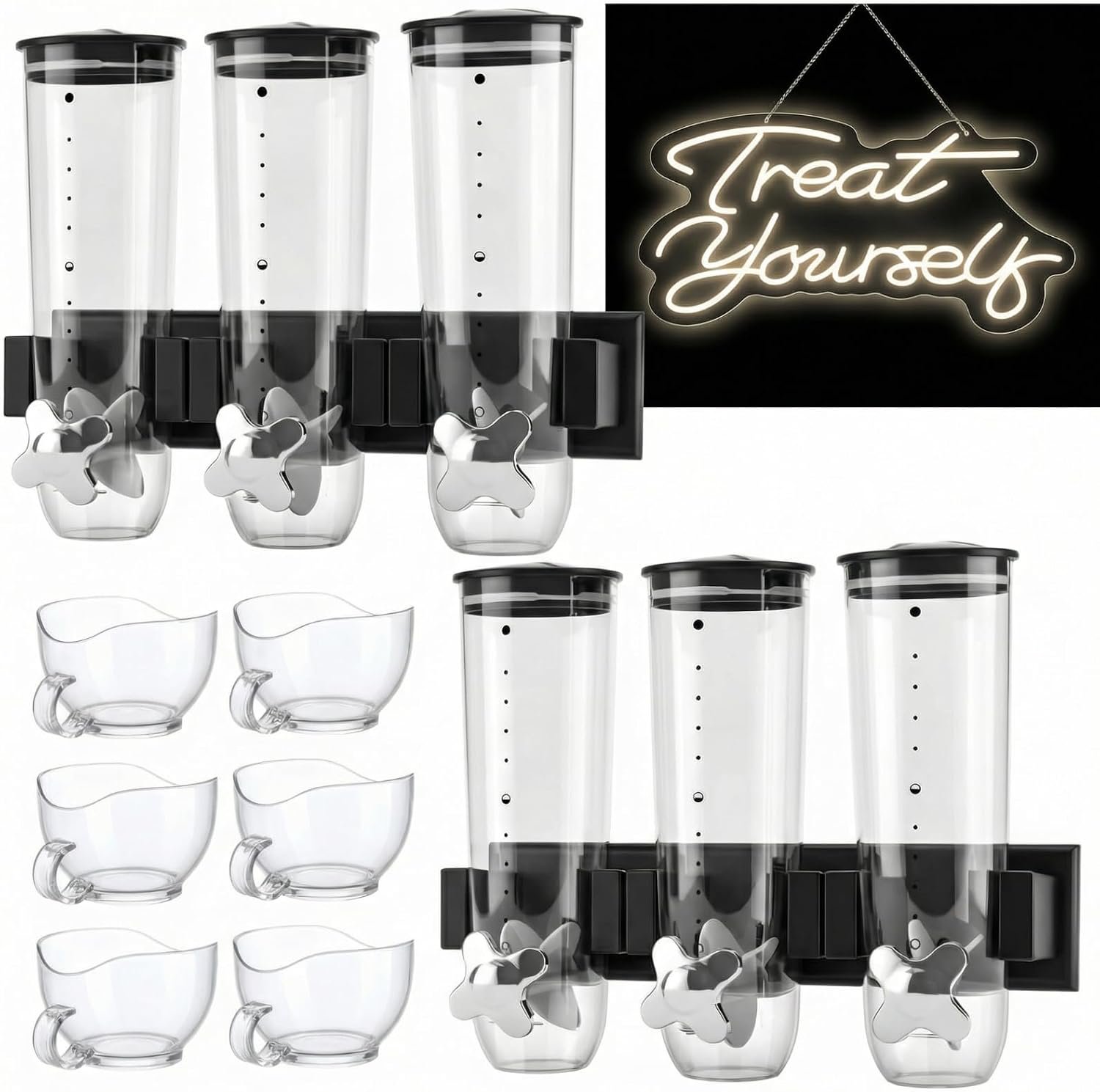 Lounsweer 6 Pcs Wall Candy Dispenser with 1pcs Treat Yourself Neon Signs 9 L Machine Grain Dispenser Neon Snack Sign Wall Mount for Home Kitchen Food Store Birthday Gift Party Decor