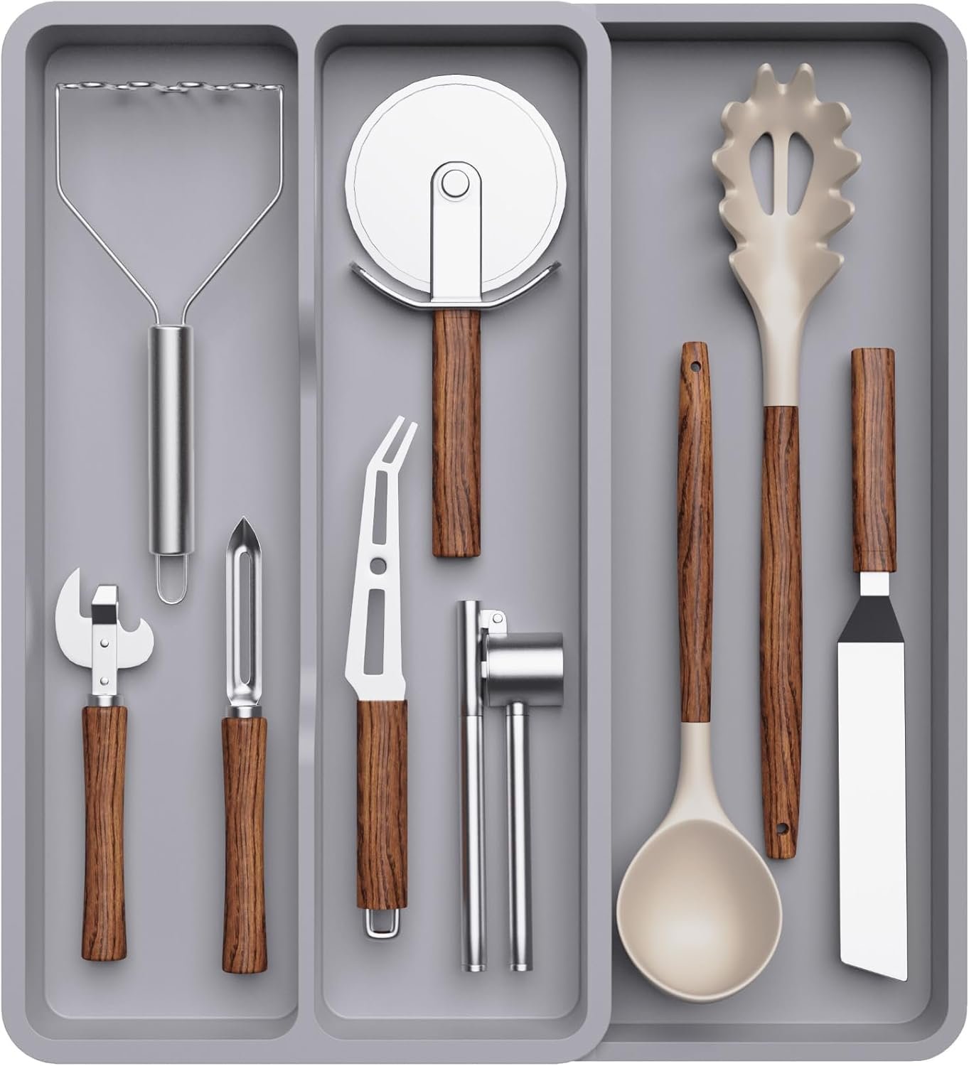 Lifewit Utensil Organizer for Kitchen Drawer, Expandable Cooking Tray | Adjustable Cutlery Flatware Holder, Plastic Silverware Spatula Tools Storage Divider, 8.9-14.4 x 15.8″, Gray