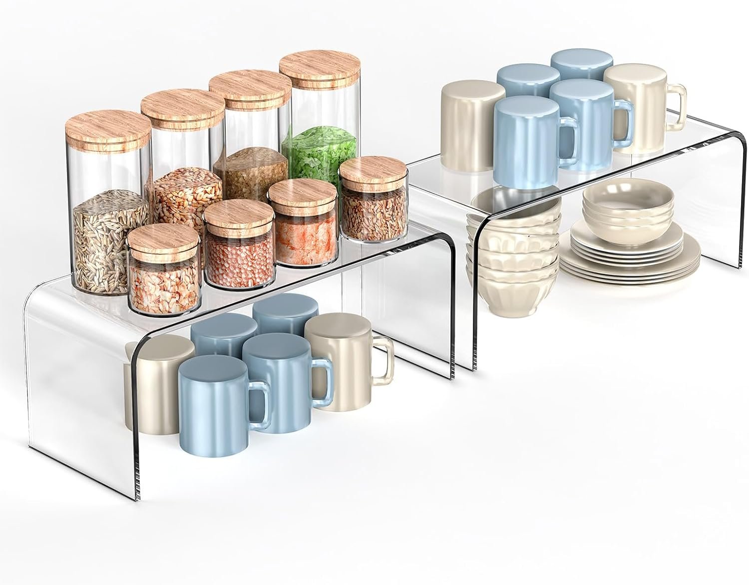 Clear Cabinet Shelf Organizers, 2 Pack Shelf Risers Kitchen Cabinets, Spice Rack for Dishes, Soda Cans and Cup（11.8 x 4.72 x 4.72 Inch）