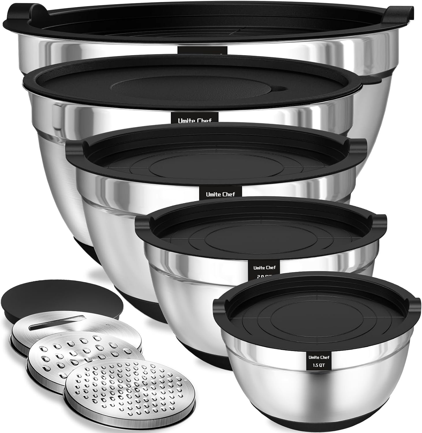 Umite Chef Mixing Bowls with Airtight Lids Set, 8PCS Stainless Steel Nesting Bowls Set, 3 Grater Attachments & Non-Slip Bottoms, Size 5, 4, 3.5, 2, 1.5QT for Baking & Mixing(Black)