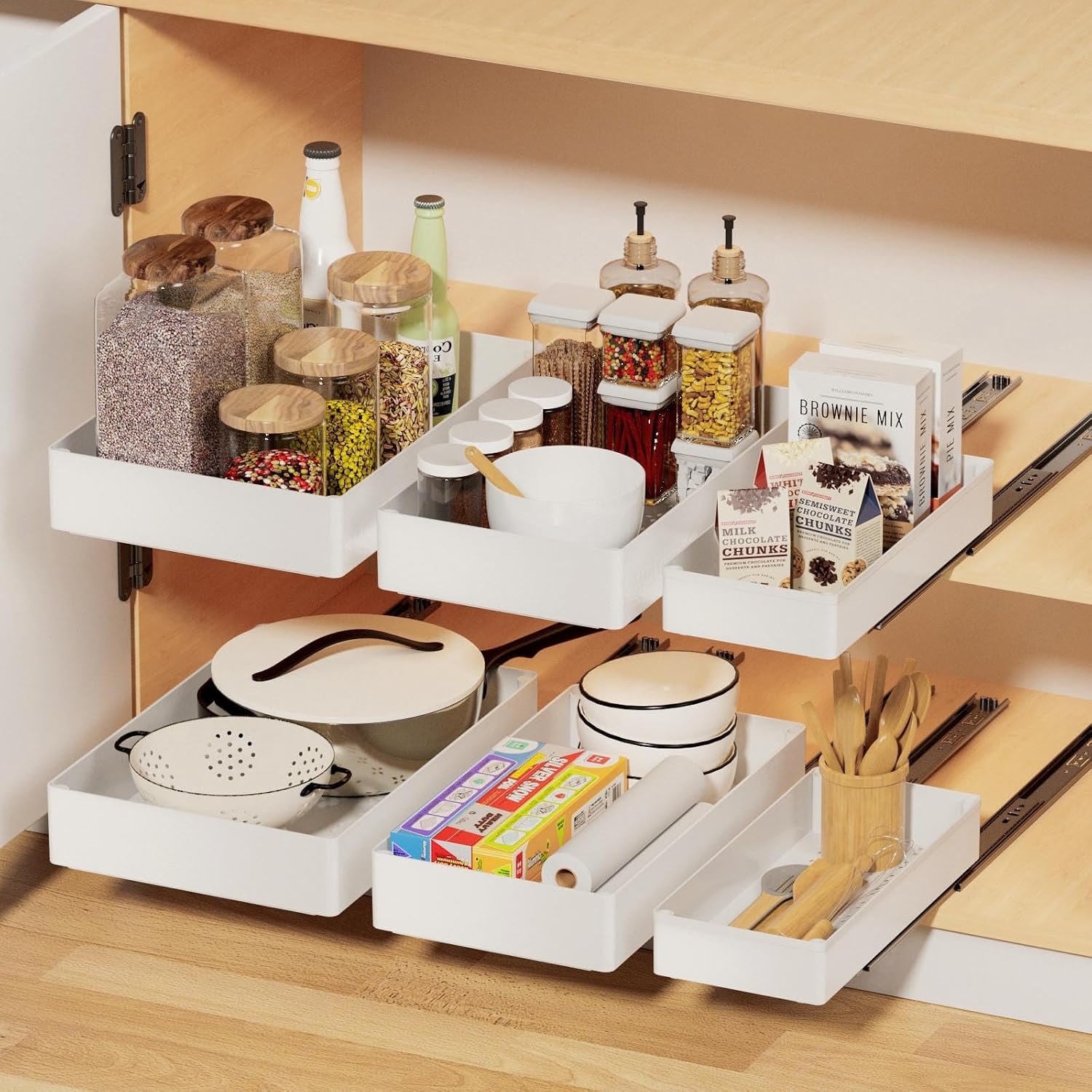 3 Pack Pull Out Drawers for Cabinets with Metal Slides, Easy to Install Cabinet Roll Out Shelves, Smooth Slide Out Drawers for Kitchen Cabinets with Nano Adhesive