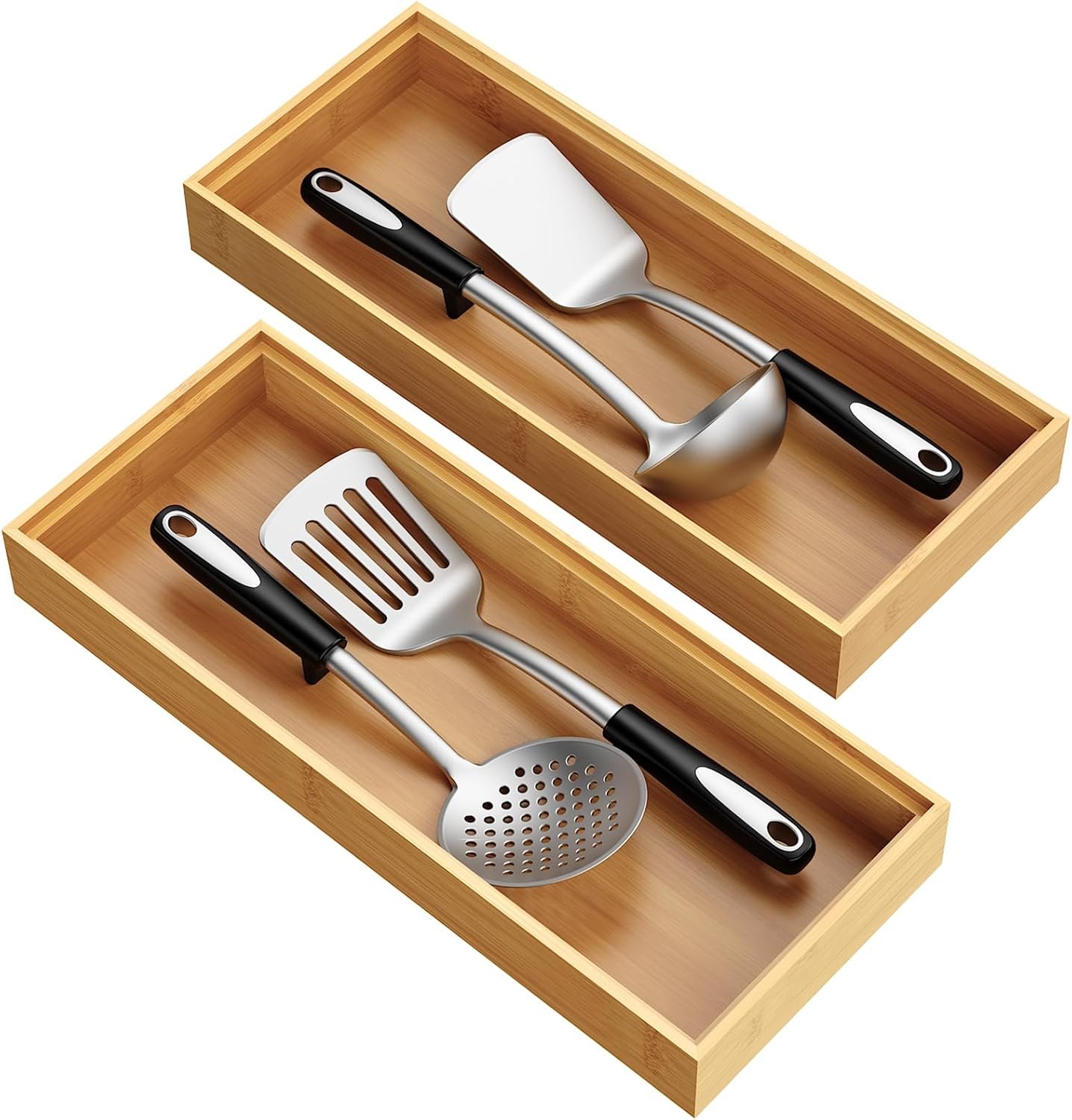 Bamboo Drawer Organizer, Stackable Utensil Trays for Kitchen, Wood Silverware Organizer for Drawer, Set of 2-15″x6″x2″