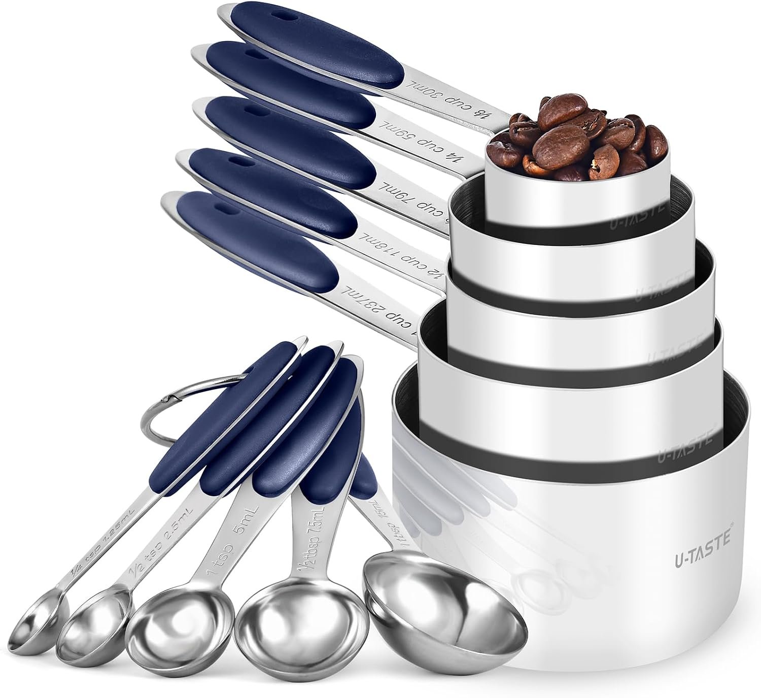 U-Taste Measuring Cups Spoons Set, 18/8 Stainless Steel, 10Pc/Midnight Blue | Upgraded Thickened Handle, Reinforced Welded Joints, Nested Stackable Design, Metal Measure Set for Kitchen Baking Cooking
