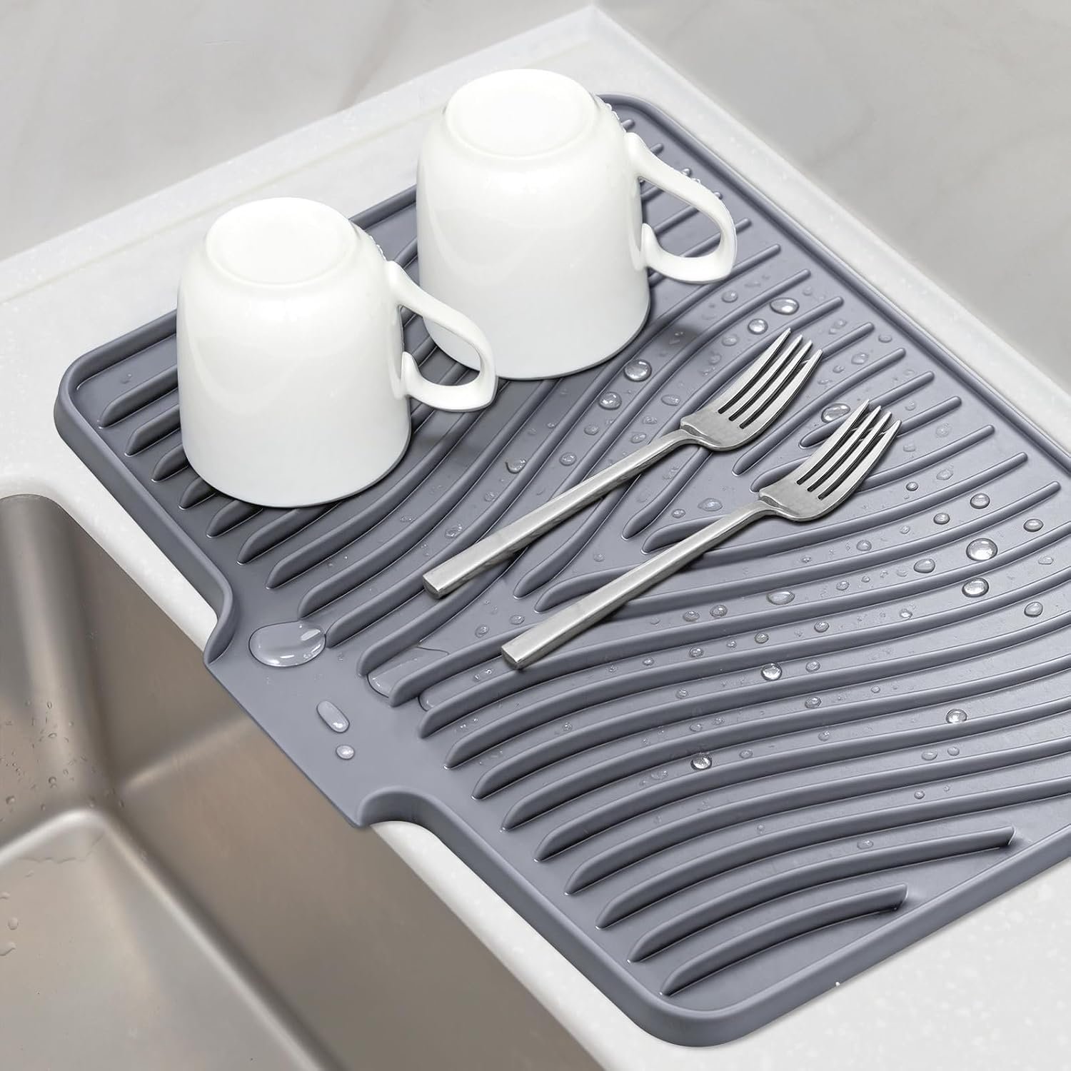 TIKNIK Silicone Dish Drying Mat for Kitchen Counter, Grey-1pcs, 16″ x 12″ | Heat Resistant & Non-Slip Dish Drain Pad with Built-In Drain, Dishwasher Safe, Quick-Dry, Hangable & Roll-Up for Storage