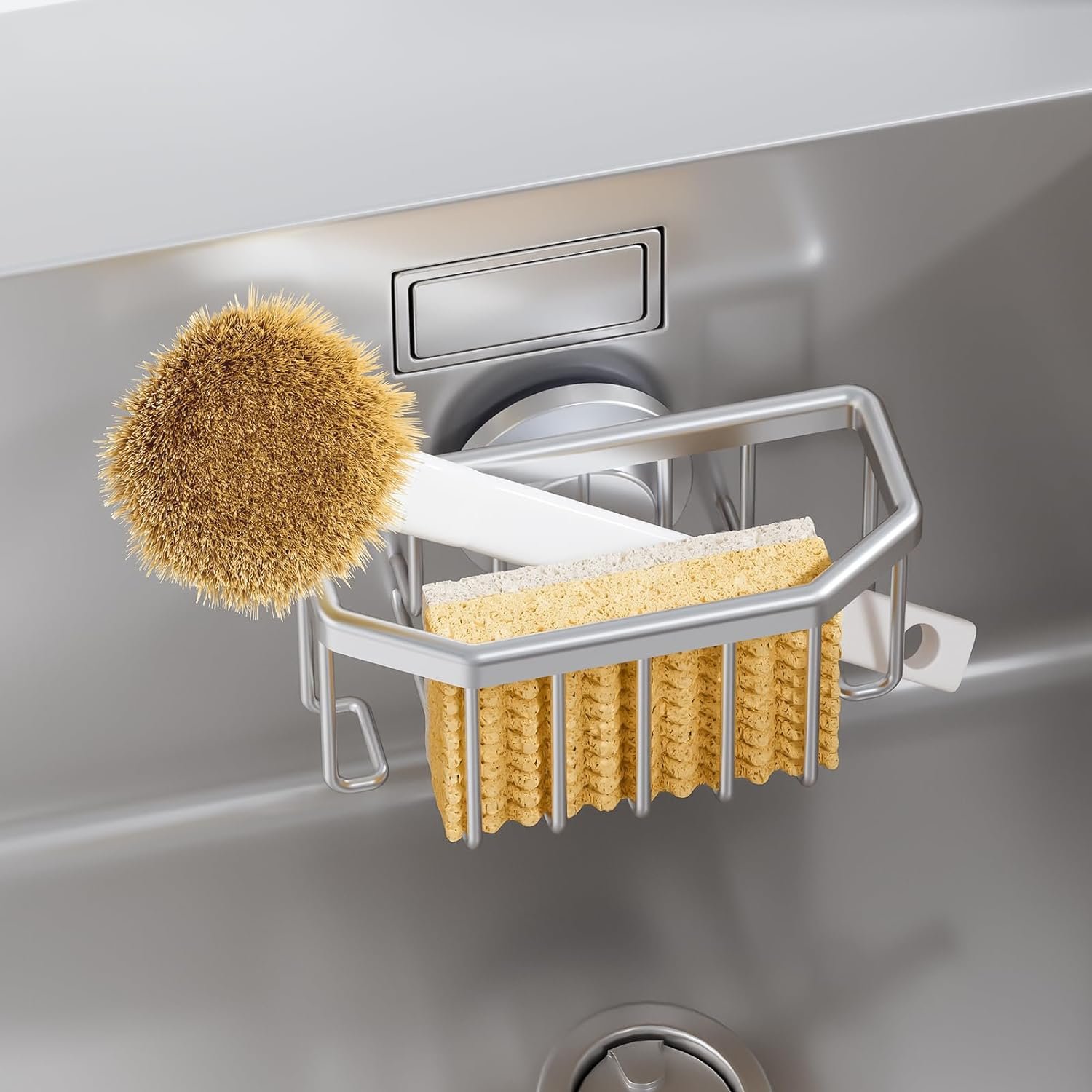 TAILI Sponge Holder for Kitchen Sink with Strong Suction Cup-Silver | Removable Sink Caddy for Kitchen Sink Oganizer, Rustproof Aluminum Sink Sponge Holder for Scraper Brushes, Stoppers