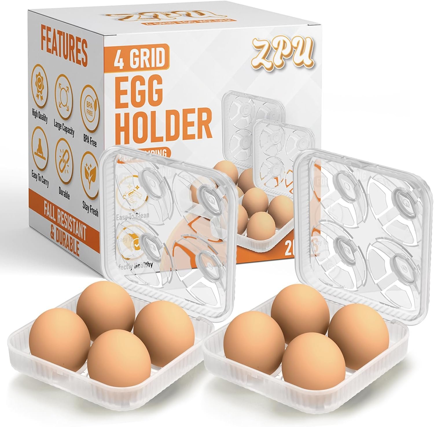 ZPU Egg Holder Camping, 2Pcs 4 Grid Egg Container, Plastic Egg Carrier for Camping Picnic Travel Outdoor Refrigerator Kitchen, Protective Egg Storage Case, Clear White