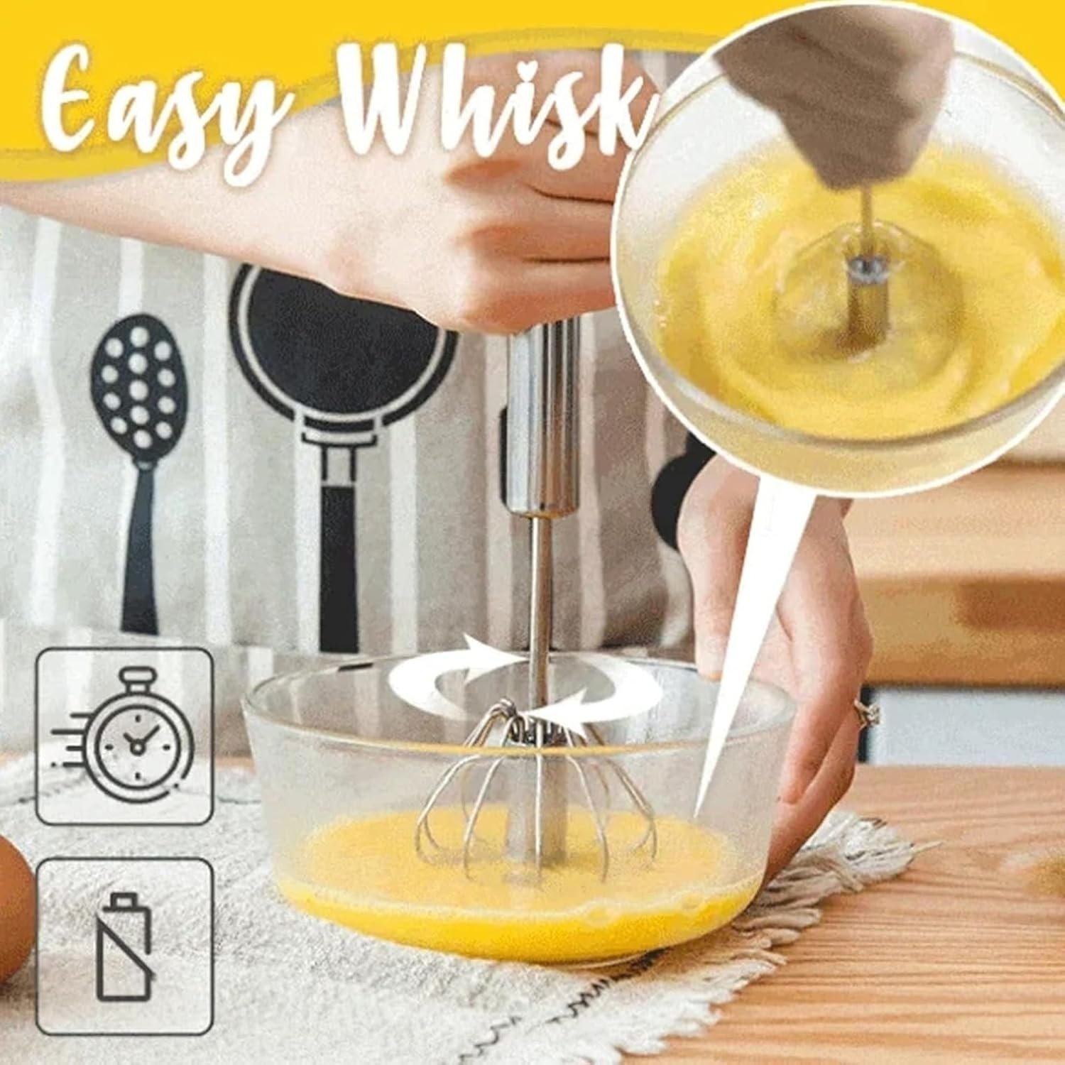 Handheld Mixer, Stainless Steel Semi-Automatic Whisk, Rotating Semi-Automatic Egg Beater, Hand Push Mixer Stirrer Tool for Cooking Kitchen Home Egg Milk
