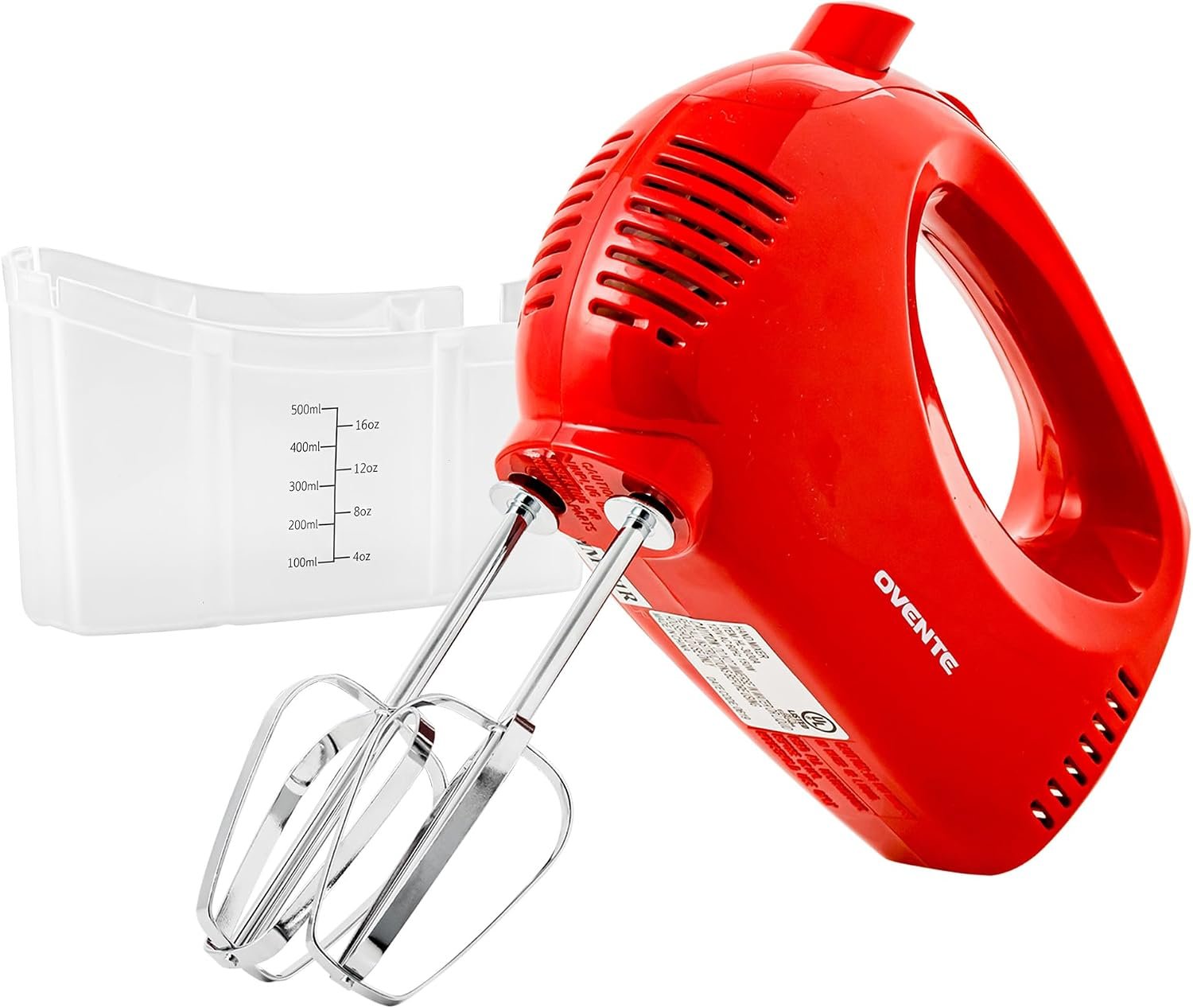 OVENTE 5-Speed Electric Hand Mixer with Storage Case,150W, Red HM151R | Stainless Steel Whisks, Compact Portable Design, Lightweight Handheld Mixer for Baking & Cooking