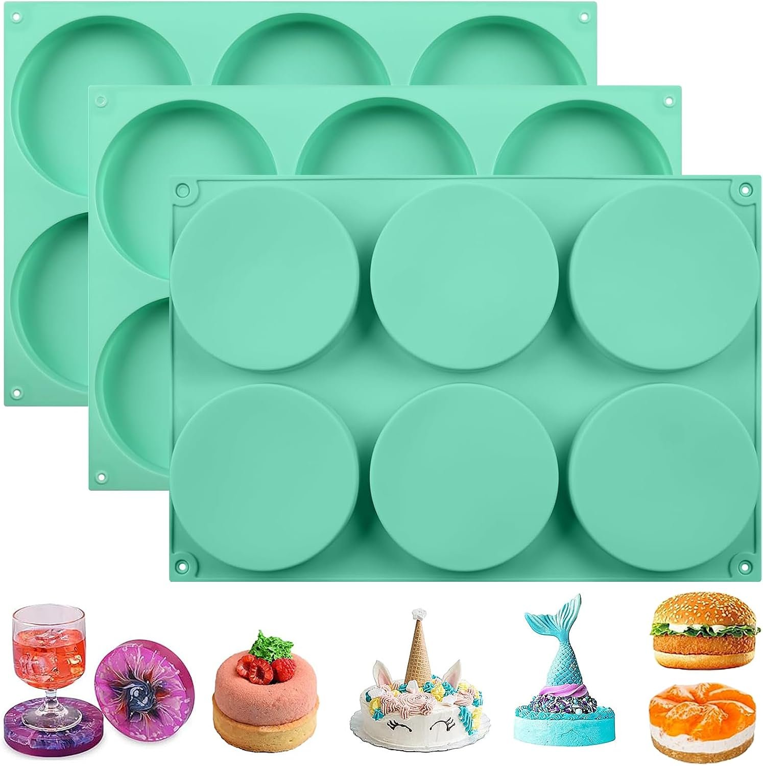 Zorazio 4Inch Round Silicone Mold for Baking, 3Pcs Large Silicone Muffin Top Pan Non-Stick, 6-Cavity Baking Mold for Breakfast Sandwiches Hamburger Egg Whoopie Pie