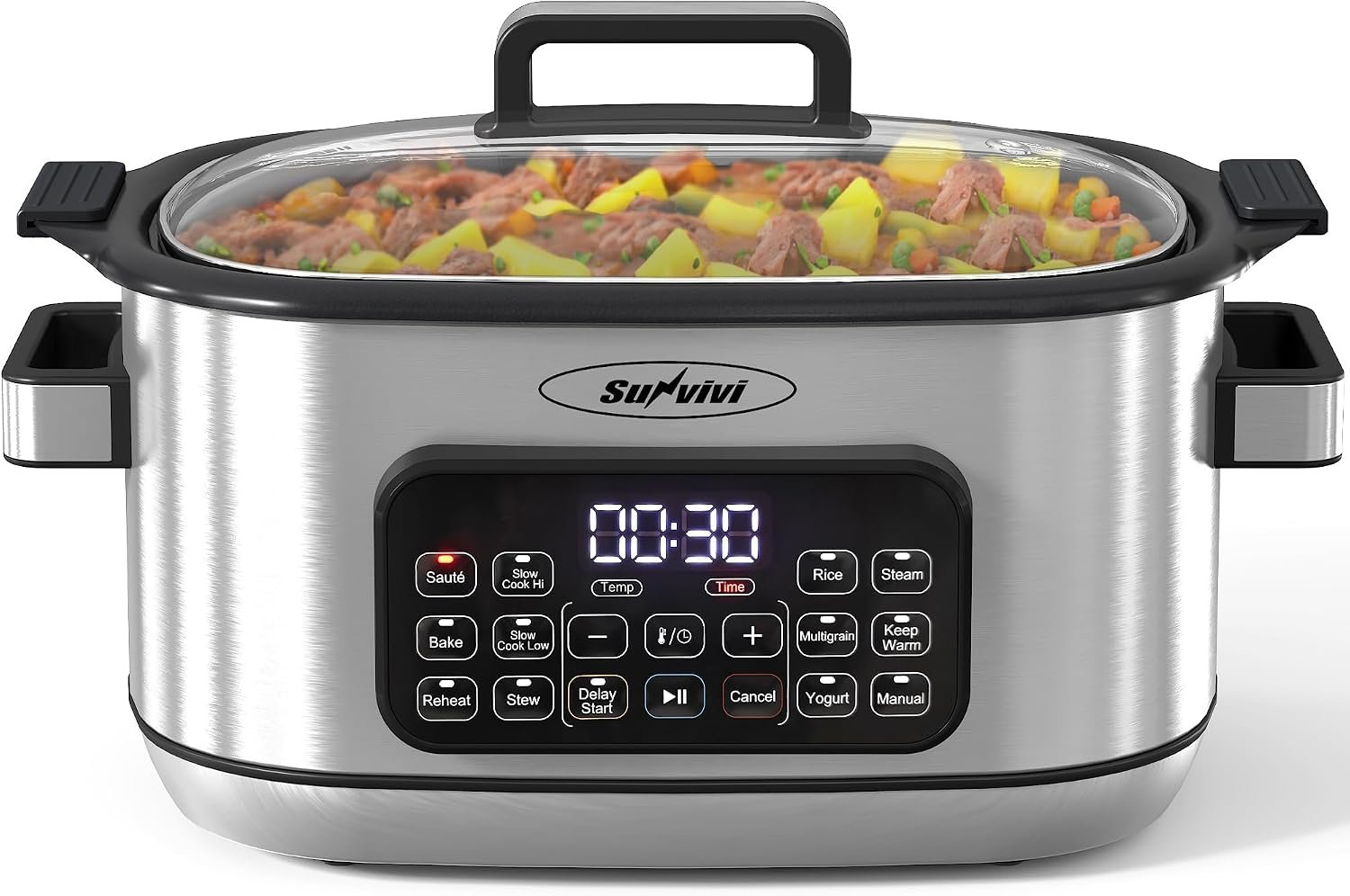 Sunvivi 12-in-1 Programmable Slow Cooker 6.5QT with Timer & Keep Warm | Multicooker with Timer & Temp Control, Dishwasher Safe Lid & Removable Nonstick Crock, Stainless Steel Rack, Sliver