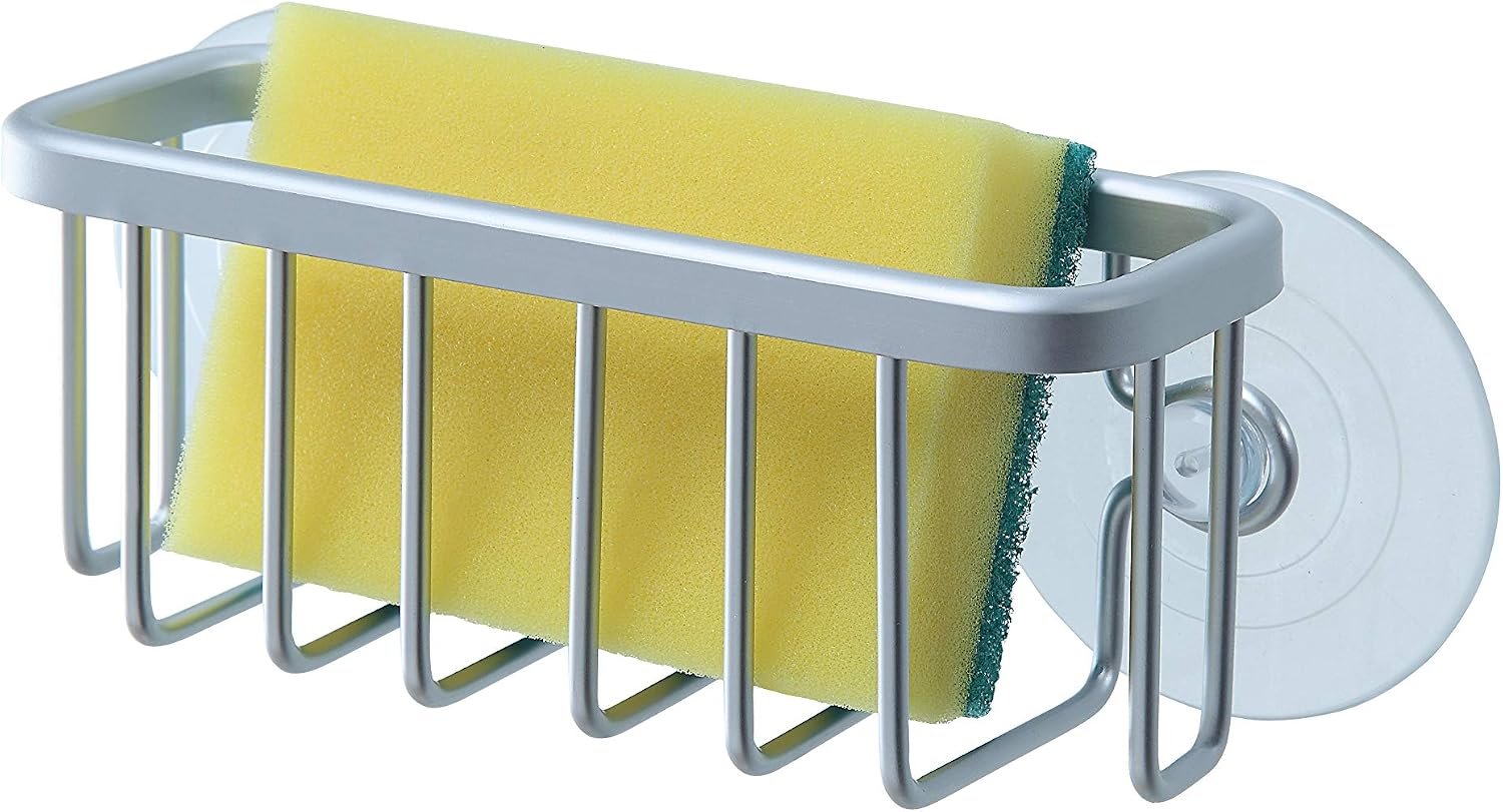 SunnyPoint NeverRust Kitchen Sink Suction Holder for Sponges, Scrubbers, Soap, Kitchen, Bathroom, 6″L x 2.36″ W x 2.56″H , Aluminum (Mat Silver, Set of 1)