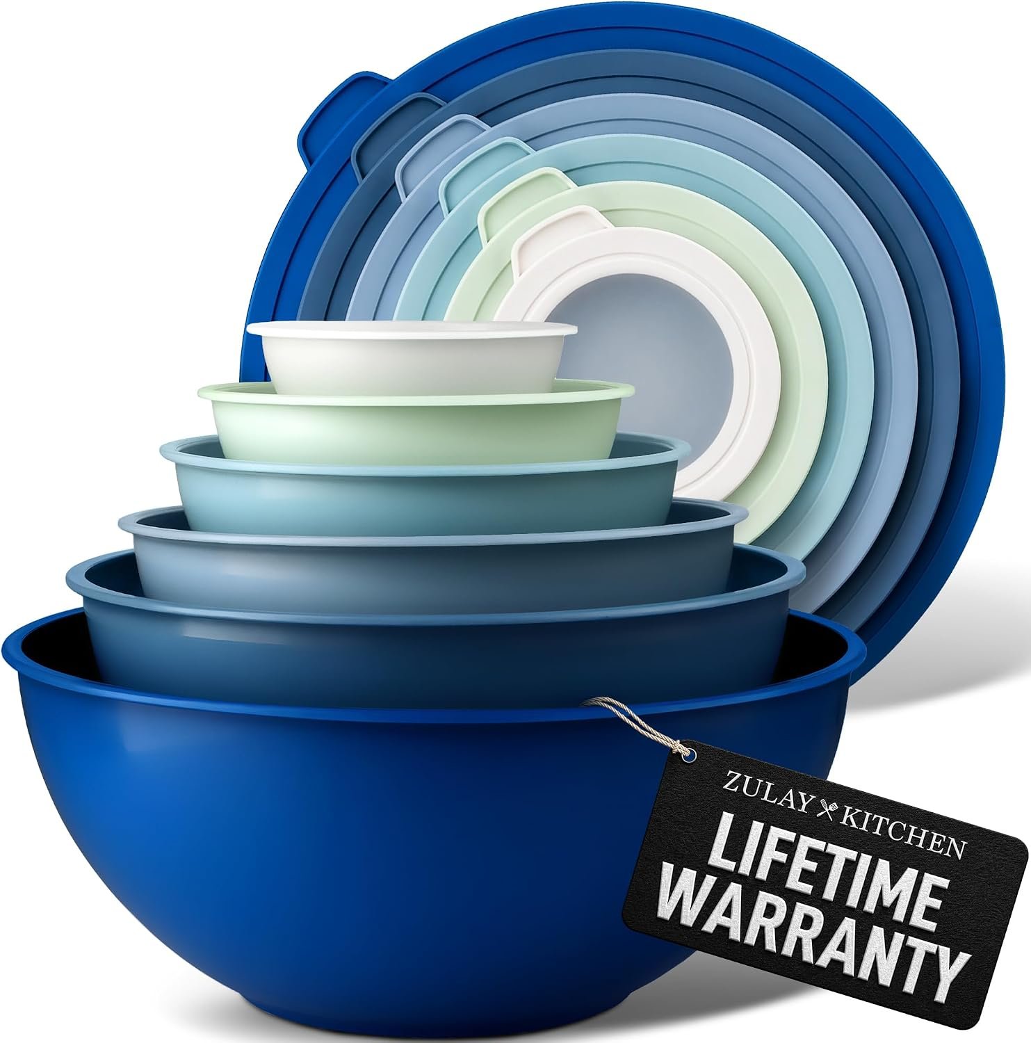 Zulay Kitchen 12 Piece Plastic Mixing Bowls with Lids Set – Leak-Proof Microwave & Freezer Safe Stackable Mixing Bowl Set for Preparing, Serving and Storing – Non-Slip Large Nesting Bowls (Blue Ombre)