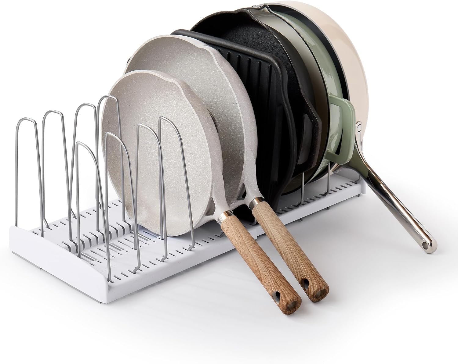 YouCopia StoreMore Expandable Cookware Rack with Tall Steel Wires, 12.5″-22″ Wide Adjustable Pan Organizer for Kitchen Cabinet Storage, Premium Edition