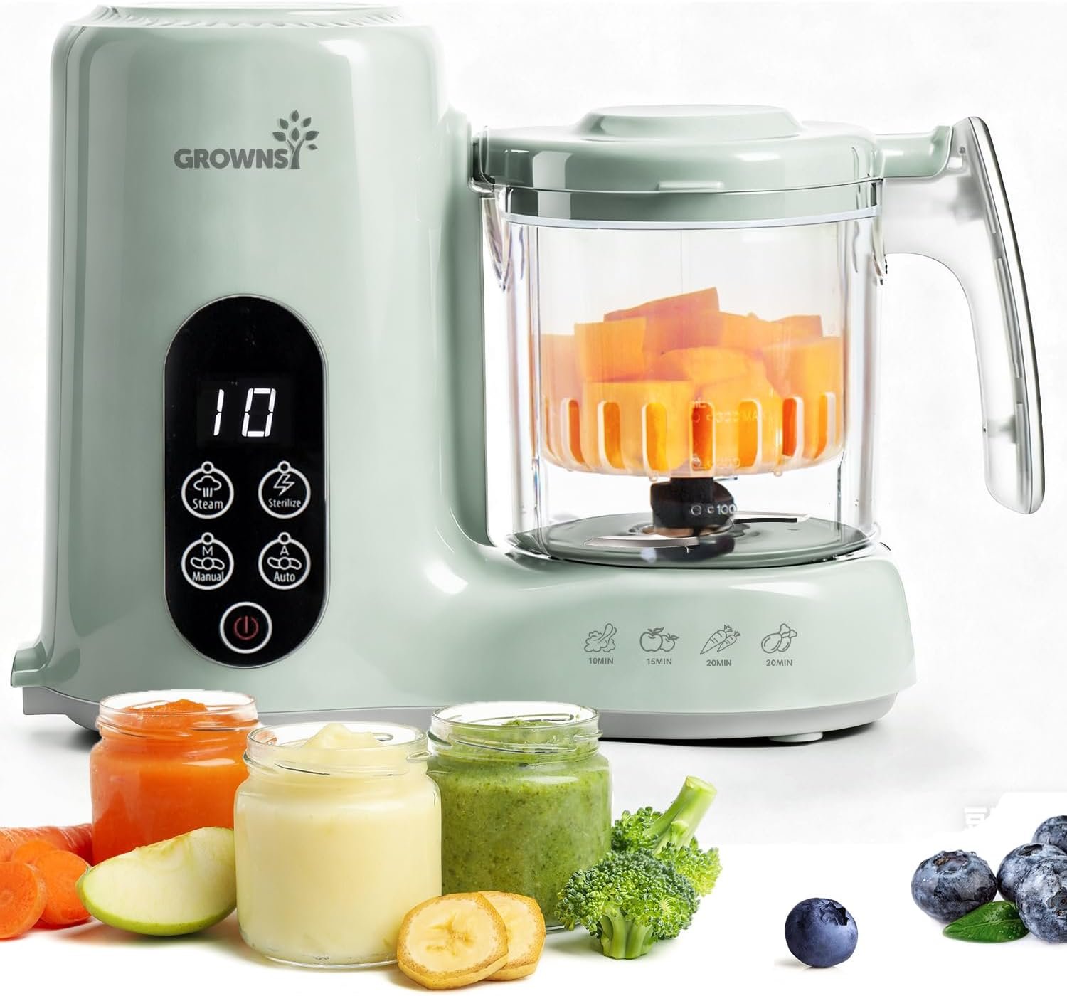 Grownsy Baby Food Maker, Steamer & Blender Baby Food Processor, Green | BPA-Free Elevated Steam Basket, Healthy Homemade Baby Food Purees, Starting Solids & BLW, Baby Feeding Essentials, 6+ Months