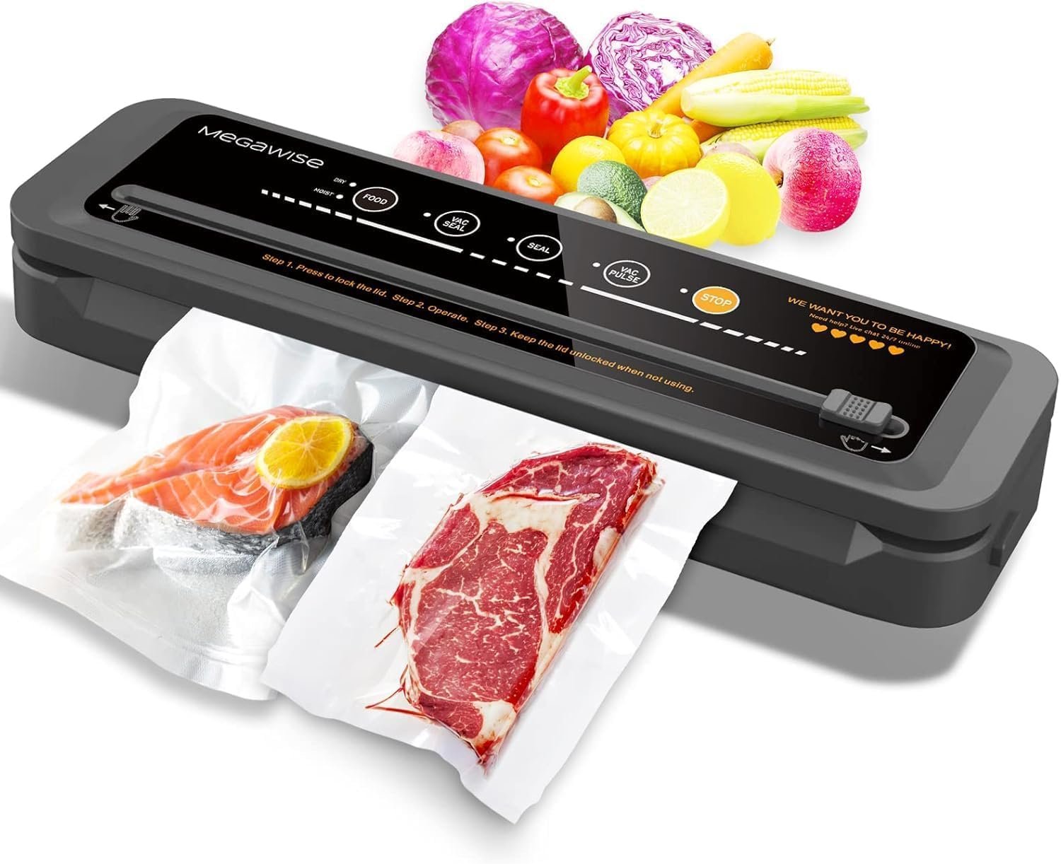 MegaWise Vacuum Sealer Machine | 80kPa Suction Power | Vac Seal Machine | Bags and Cutter Included|Compact One-Touch Automatic with External Vacuum System|Dry Moist Fresh Modes for All Saving needs