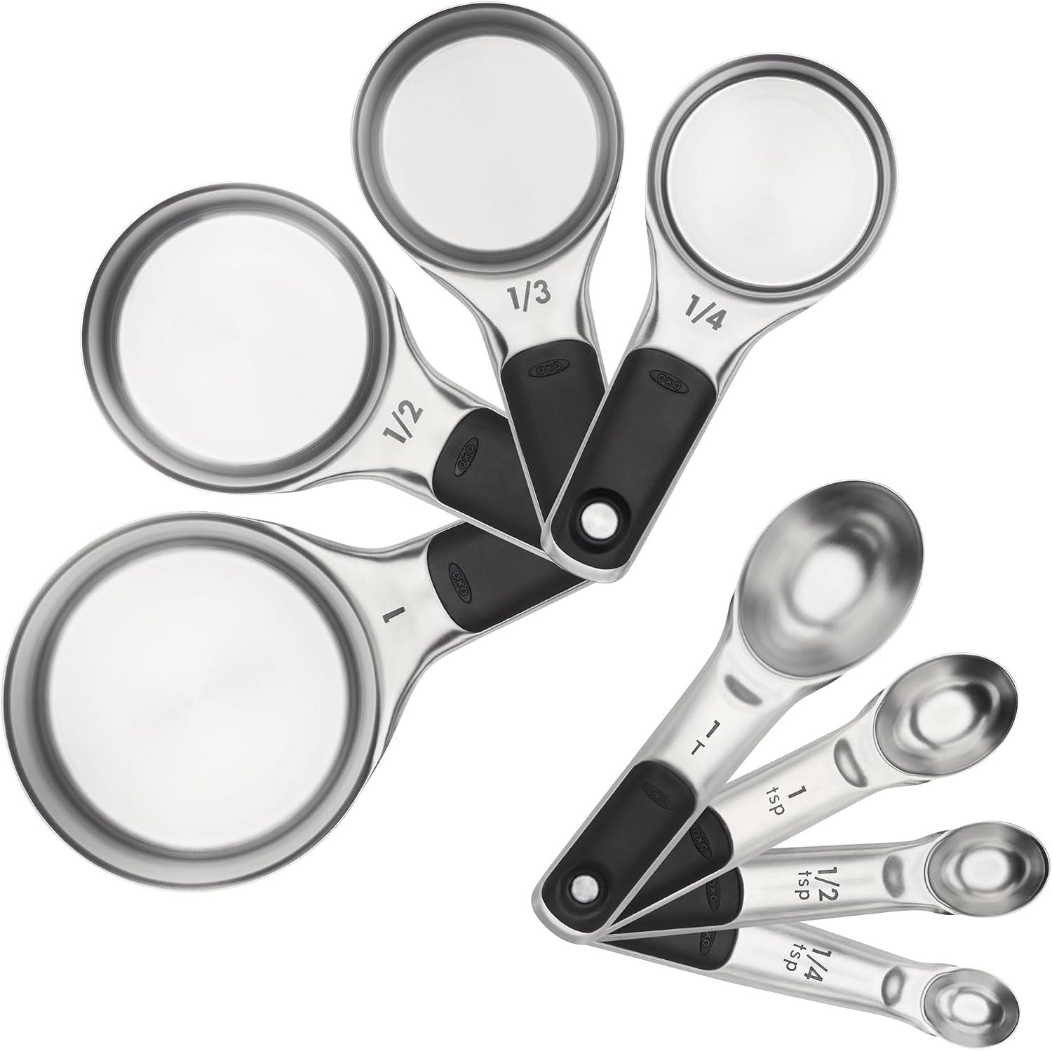 OXO Good Grips Stainless Steel Measuring Cups and Spoons 8-Piece Set | Magnetic Handles for Easy Nesting Storage, Non-Slip Grip, Etched Measurement Markings, Baking Tools, Dry and Liquid Measuring