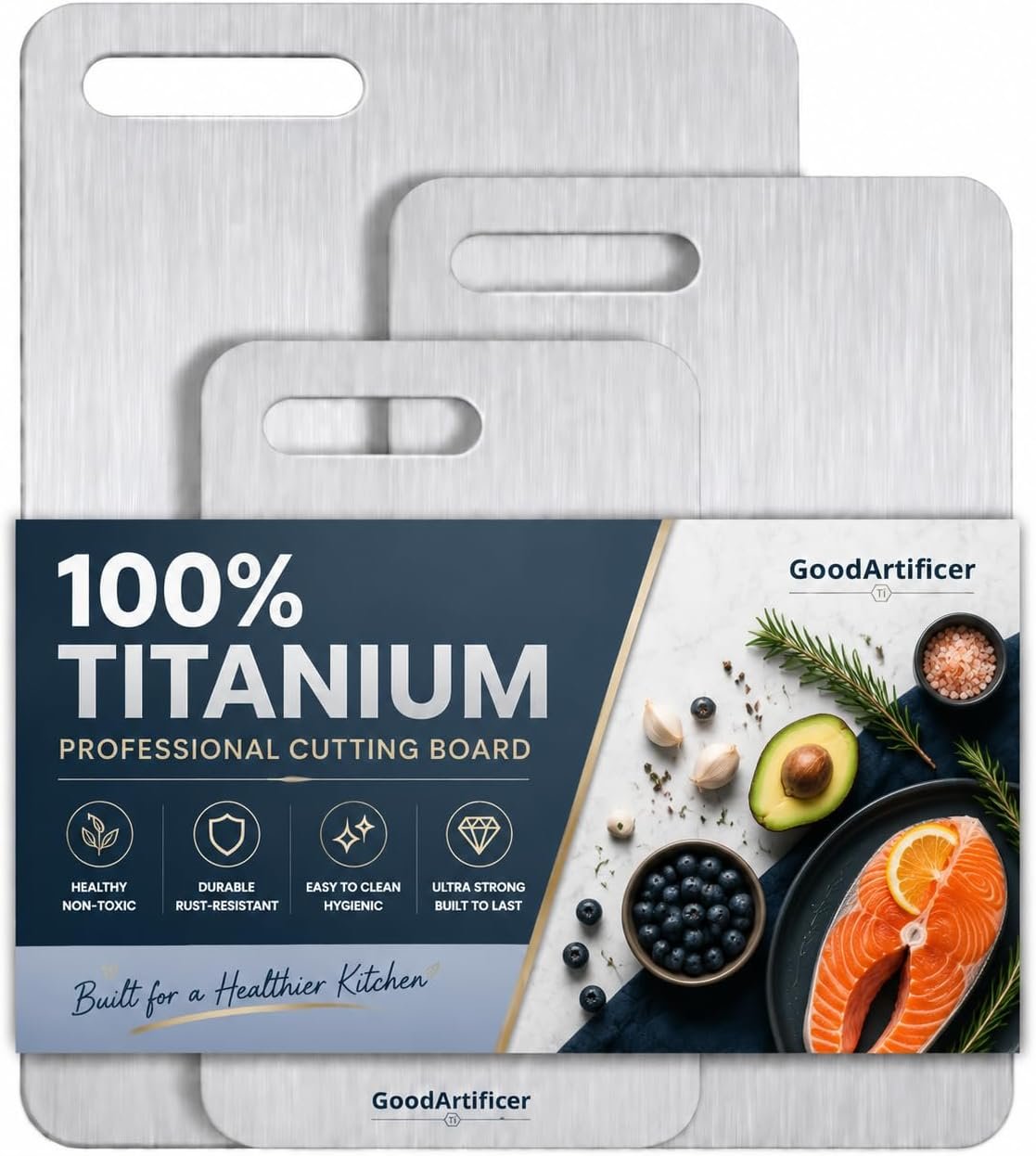 Titanium Cutting Boards Set of 3, 100% Pure Titanium Kitchen Cutting Board, Double-Sided Non-Toxic Cutting Board, Ideal for Slicing and Dicing Meats, Features Handle, Dishwasher Safe