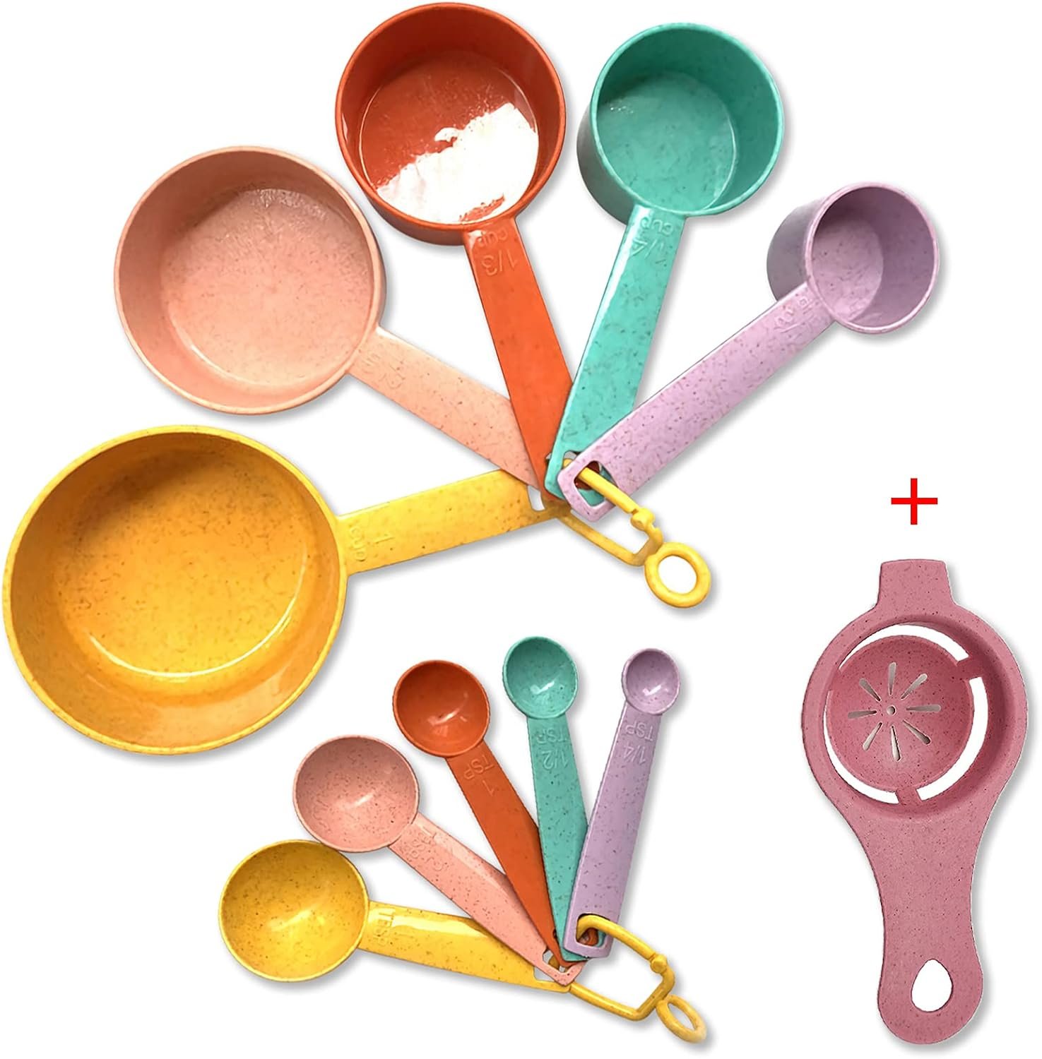 Plastic Measuring Cups and Spoons Set – 10 Pcs Colorful Kitchen Measuring Tool, Engraved Metric/US Markings Stackable Silicone Measure Cup for Liquid & Dry Measuring, Cooking & Baking, Random Color