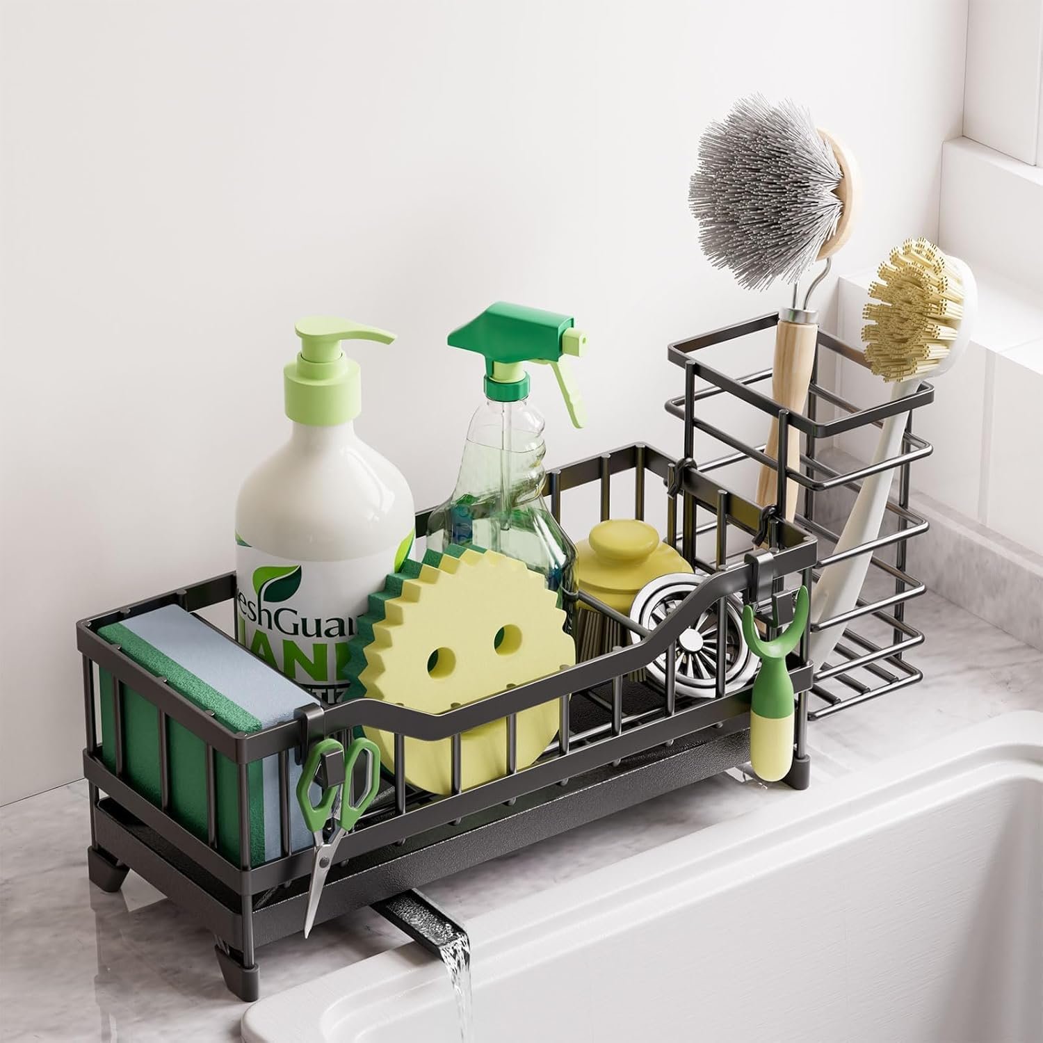 Sponge Holder for Kitchen Sink, Kitchen Sink Caddy with Long-Handled Dish Brushes Holder, 304 Rustproof Stainless Steel Countertop Organizers and Storage, Home Kitchen Sink Accessories (Black)