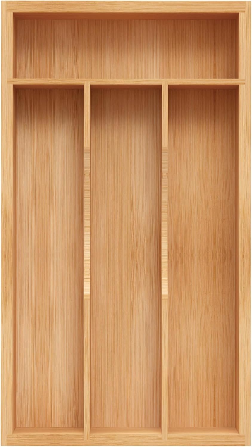 Small Silverware Organizer, Bamboo Kitchen Drawer Organizer, Utensil Holder, Cutlery Tray & Spoon Flatware Storage with Grooved Drawer Dividers (6.7”W x 12”D)