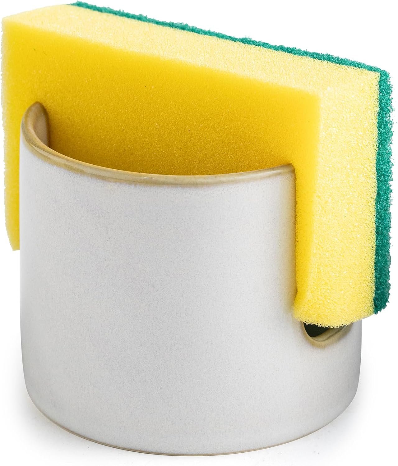 Zoeeker Sponge Holder for Kitchen Sink, Ceramic Dish Sponge Drying Caddy | Scrubby Daddy Kitchen Storage Organizer Cute Dish Brush Drying Rack for Sink Counter, Farmhouse Kitchen Decor, Beige White