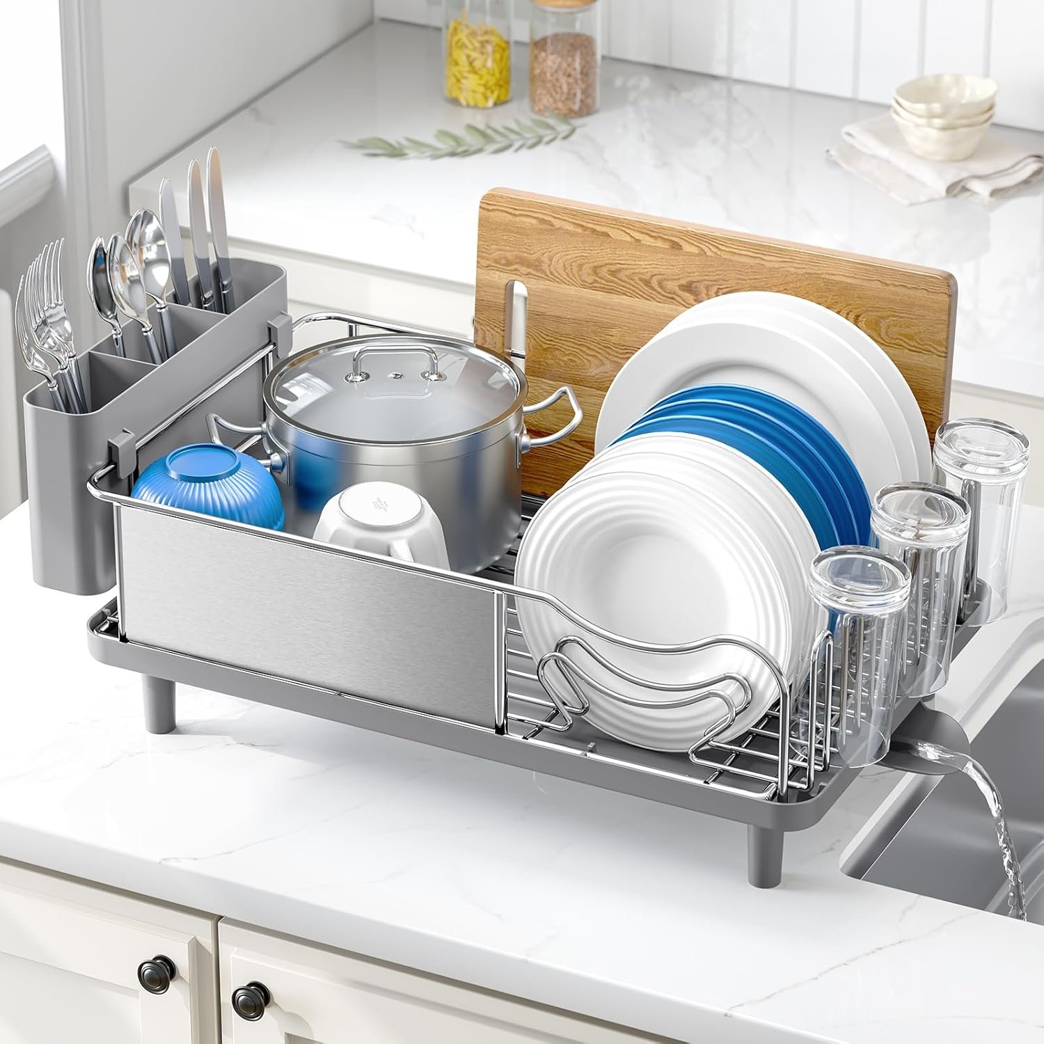 Urackify Stainless Steel Dish Drying Rack for Kitchen Counter, 16.9″ x12.4″ | Rustproof dish rack with utensil holder, 16.9″ L x 12.4″ W Large Capacity, Dish Drainer for Plates Dishes Sliverware, Grey