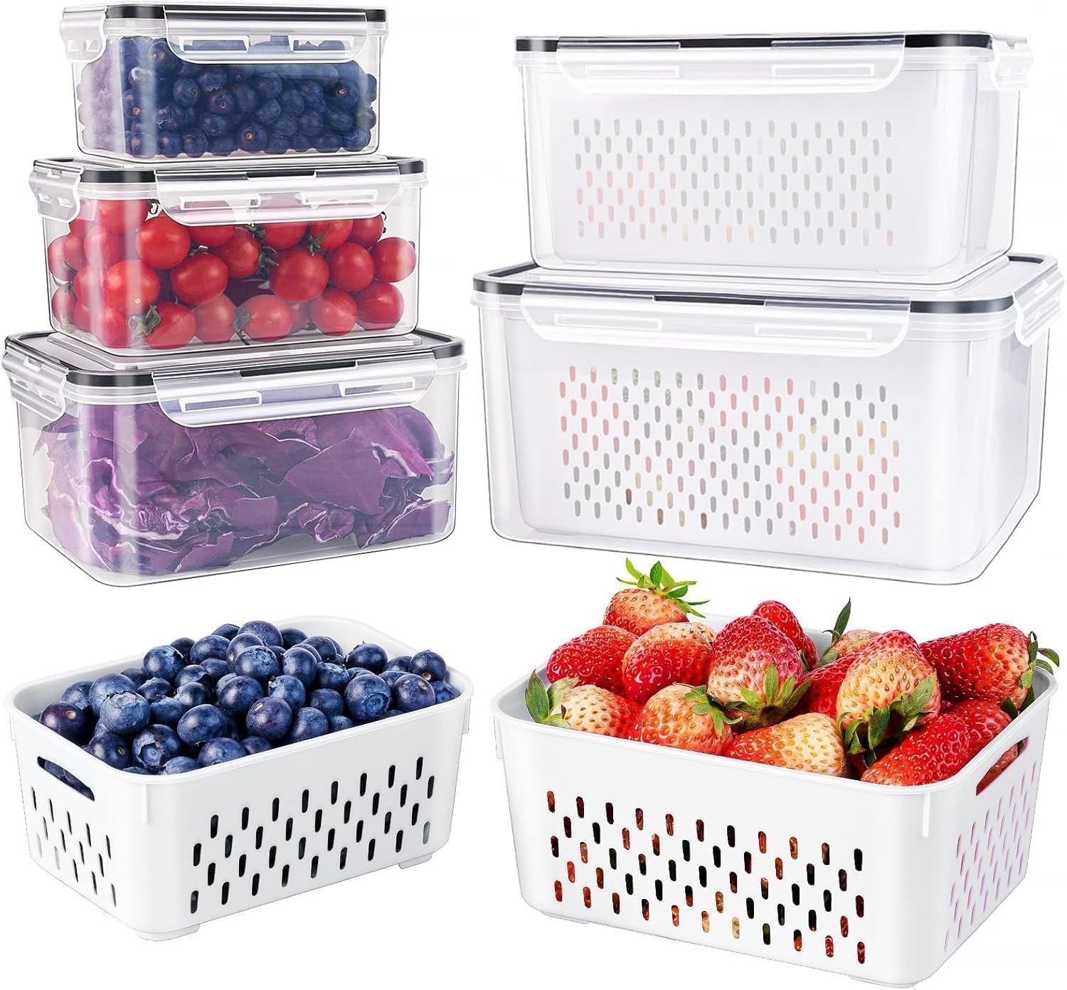 5 PCS Large Fruit storage Containers for Fridge ,Food Storage Containers | with Removable Colander Leakproof Dishwasher & Microwave safe Produce Containers Keep Fruits Vegetables Berry Fresh longer