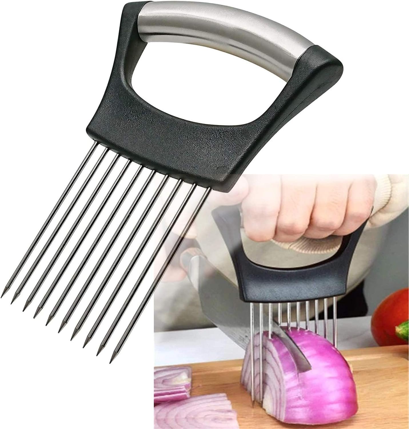 Stainless Steel Onion Holder for Slicing,Onion Slicer Holder,Kitchen Gadget | Onion Slicer Holder, Onion Cutter for Slicing of Onions, Tomatoes, Avocados, Eggs and Other Vegetables, Kitchen Utensils