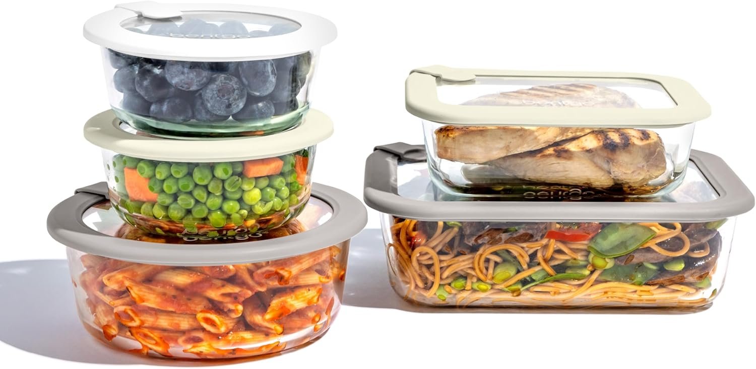 Bentgo Signature Glass Food Storage Containers with Lids, 10 Piece Set | Leak-Proof, Airtight, Borosilicate Glass, PFAS & BPA-Free, Microwave, Oven, Freezer & Dishwasher-Safe (White Stone)