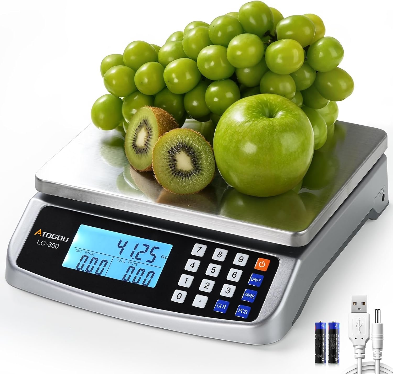 Atogou 110lb Food Scale, Commercial Kitchen Scale with Price Computing | Plug-in Usable, 0.05oz/1g Increment, 304 Stainless Steel, for Cooking, Vegetables, Farm, Industry, Counting. LC300 Silver
