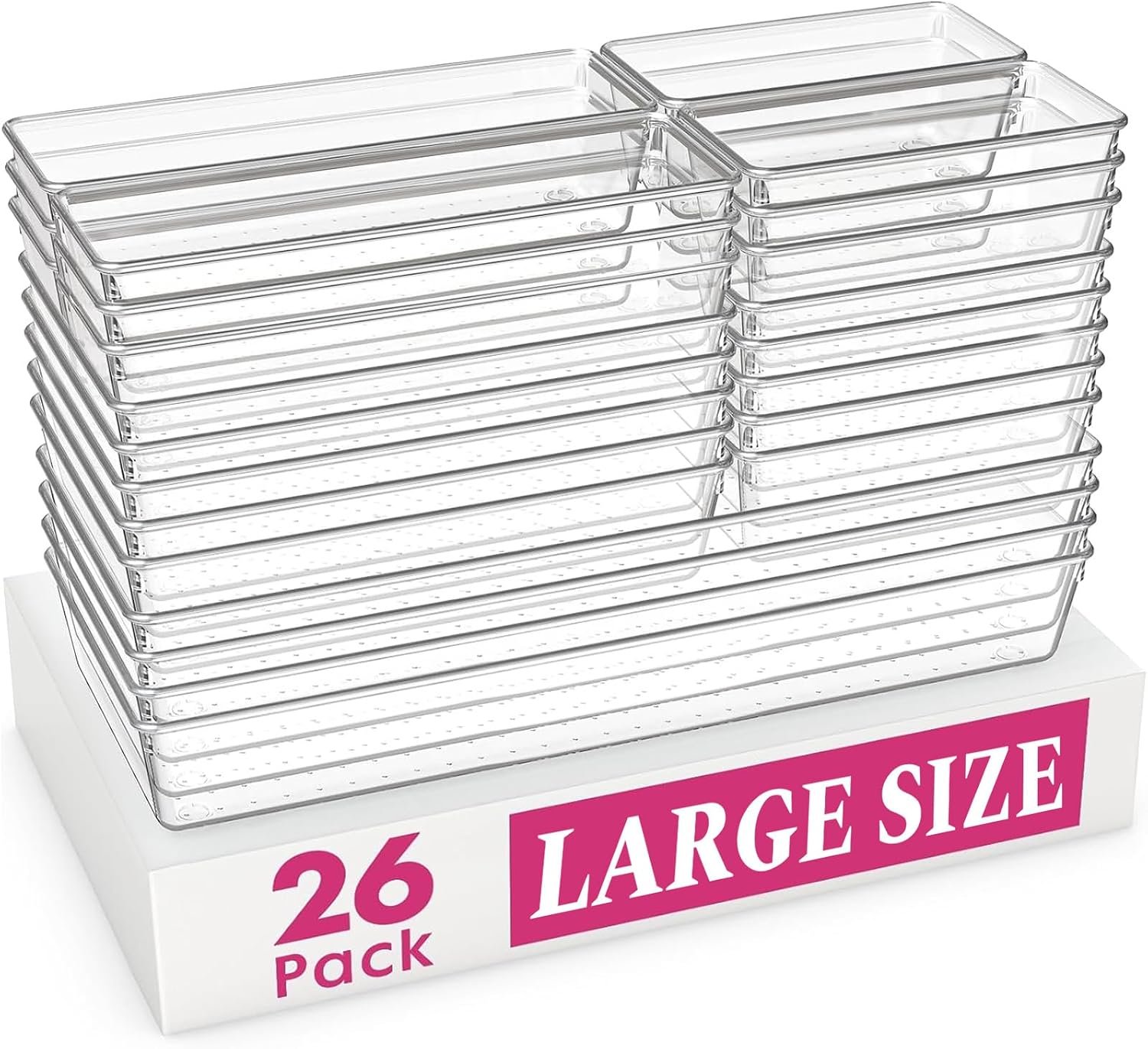 Large Drawer Organizer Bins 26 Pack | Complete 5 Size Clear Plastic Kitchen Drawer Organizers for Utensils | Bathroom Drawer Organizer Trays | Versatile for Makeup Office Organization