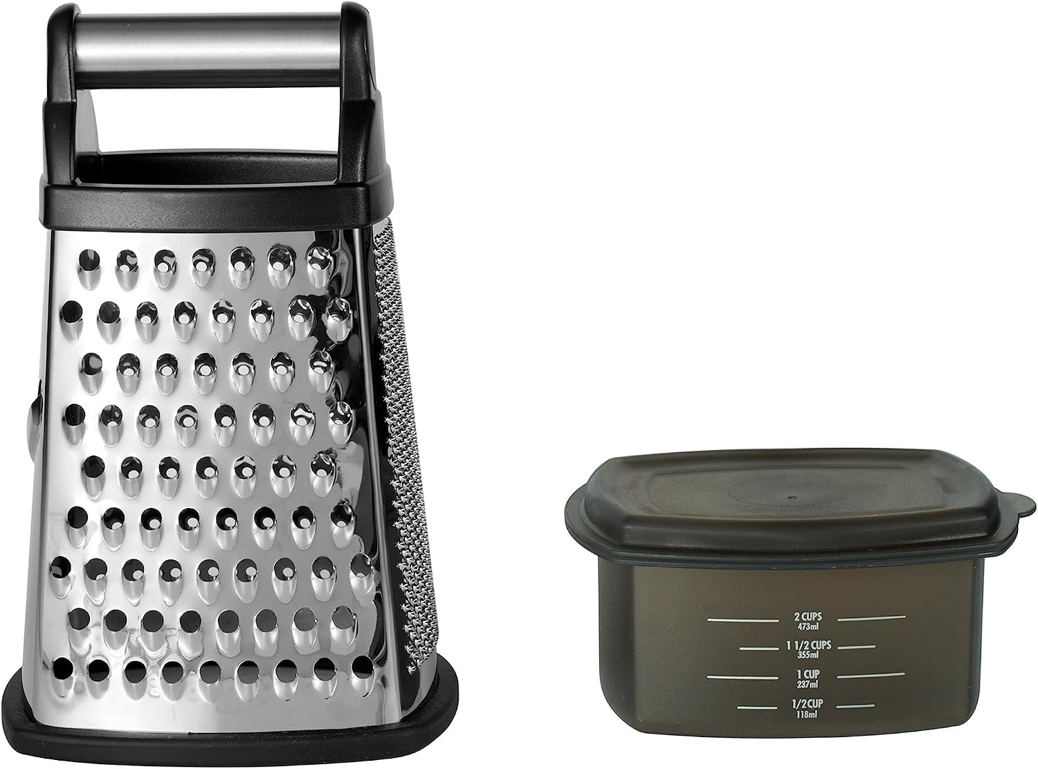 KitchenAid Gourmet Box Grater with Detachable Measuring Container and Lid, Stainless Steel Coarse Medium Fine Grater and Slicer, Dishwasher Safe, Black