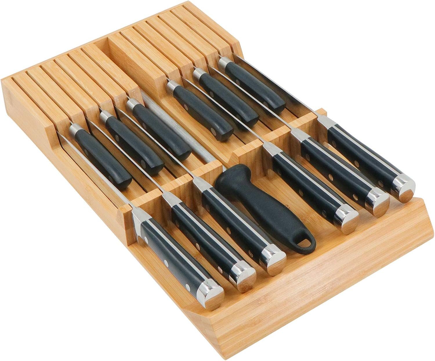 Utoplike In-Drawer Knife Block Bamboo Drawer Organizer, 12 Knives Holder | Steak Knife Holder, Fit 12 Knives, 1 Sharpening Steel (Knives & Sharpening Steel Not Included), Kitchen Drawer Organization