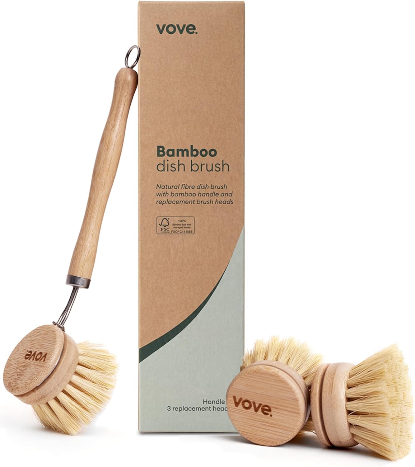 Bamboo Dish Brush with 3 Replacement Heads, Plastic-Free Kitchen Scrub Brush for Pots Pans and Dishes, FSC-Certified Bamboo Handle with Natural Fiber Bristles, Non-Toxic Zero-Waste