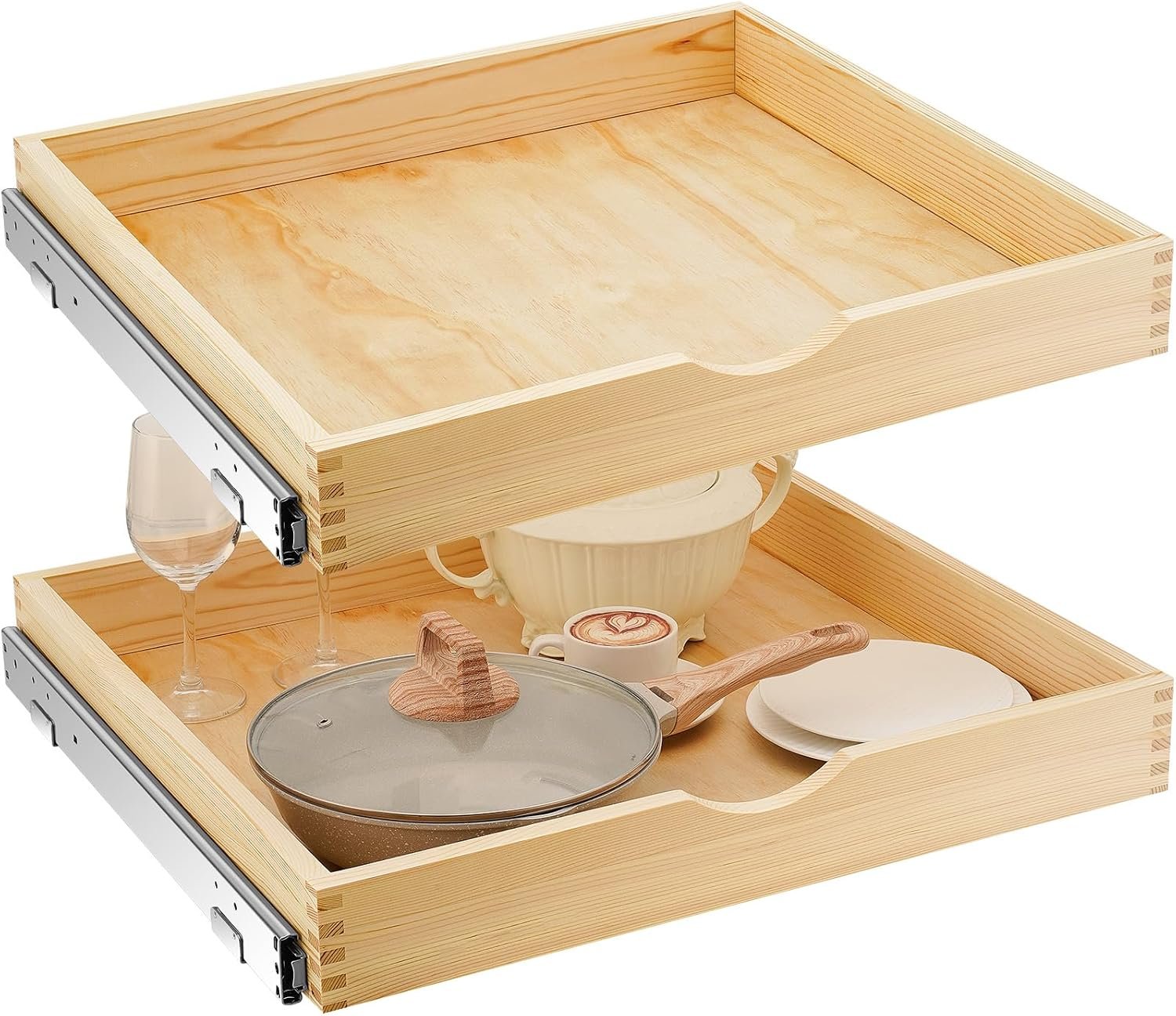 2 Set Wooden Pull out Cabinet Organizer Fully Assembled Slide out Pantry Drawer with Gentle Close Storage Shelf Tray for Base Kitchen Under Sink Bathroom Accessory(Wood Color,24” X 21” X 3”)