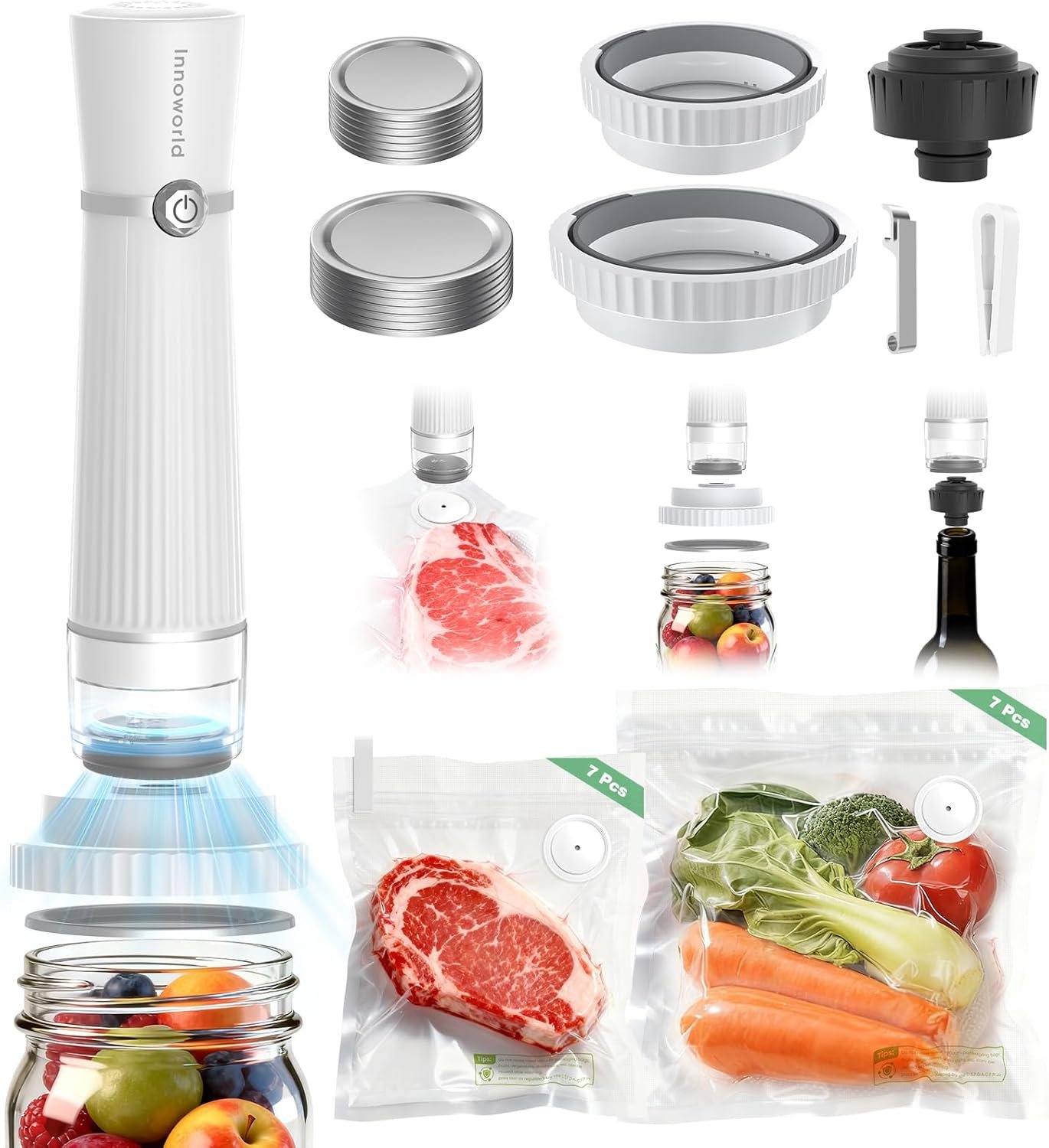 3-in-1 Compact Handheld Vacuum Sealer for Food (Bag, Mason Jar,Wine Bottle) | Innovative Design, 6X Preservation & Fresh, Portable Sealer Machine with 14 Reusable Bags, 14 Mason Jar Lids, Wine Stopper