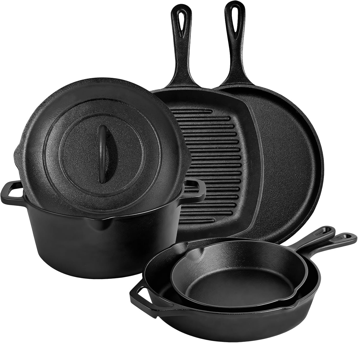 6 Piece Pre-Seasoned Cast Iron Cookware Set – Incl. 5QT Dutch Oven with Lid, 8” and 10.25” Cast Iron Skillets, 10.5” Round Griddle, and a Square Grill Pan for Kitchen, Stovetop, & Camping