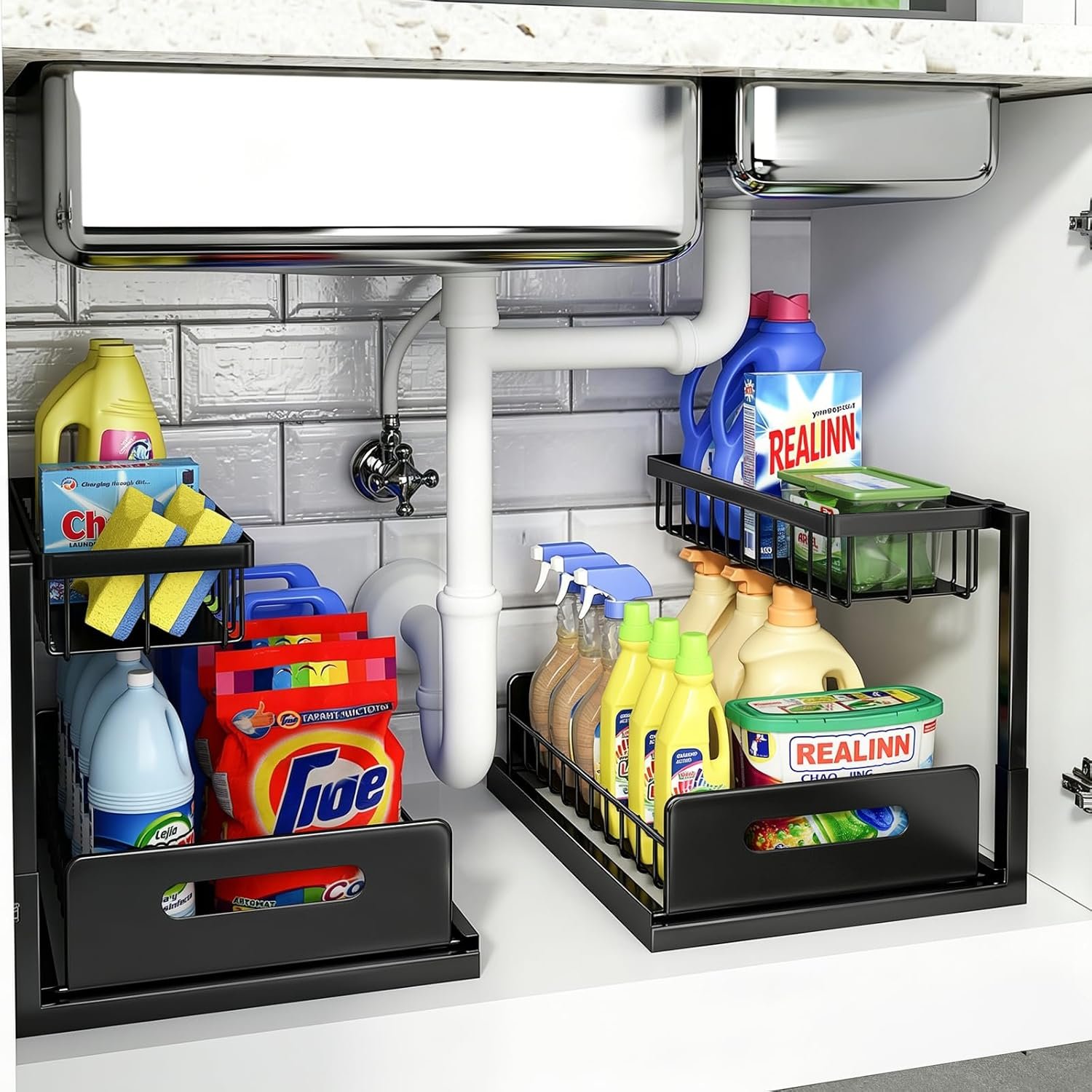 Under Sink Organizer, L-Shaped 2 Tier Pull Out Cabinet Organizer | For Kitchen and Bathroom, Slide Out Under Cabinet Storage, Metal Under Sink Storage with Sliding Drawer, 50 lbs, Black 2 Pack