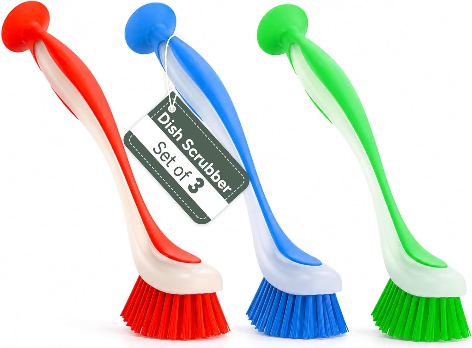 Zuvo Dish Brush Set of 3 with Suction Cup – Dish Scrubber & Cleaning Brush | Long-handle kitchen scrub brush, PET bristles, for dishes, pots, pans, sink & cast iron, 3 assorted colors, suction base