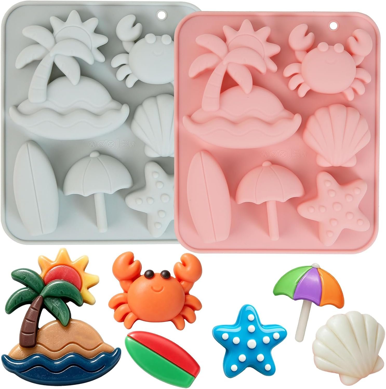 Summer Beach Silicone Molds 2-Pack, 6-Cavity Tropical Chocolate Candy Mold with Palm Tree Starfish Shell Crab Umbrella Surfboard Shapes for Pool Party, Luau, Marine Theme Desserts