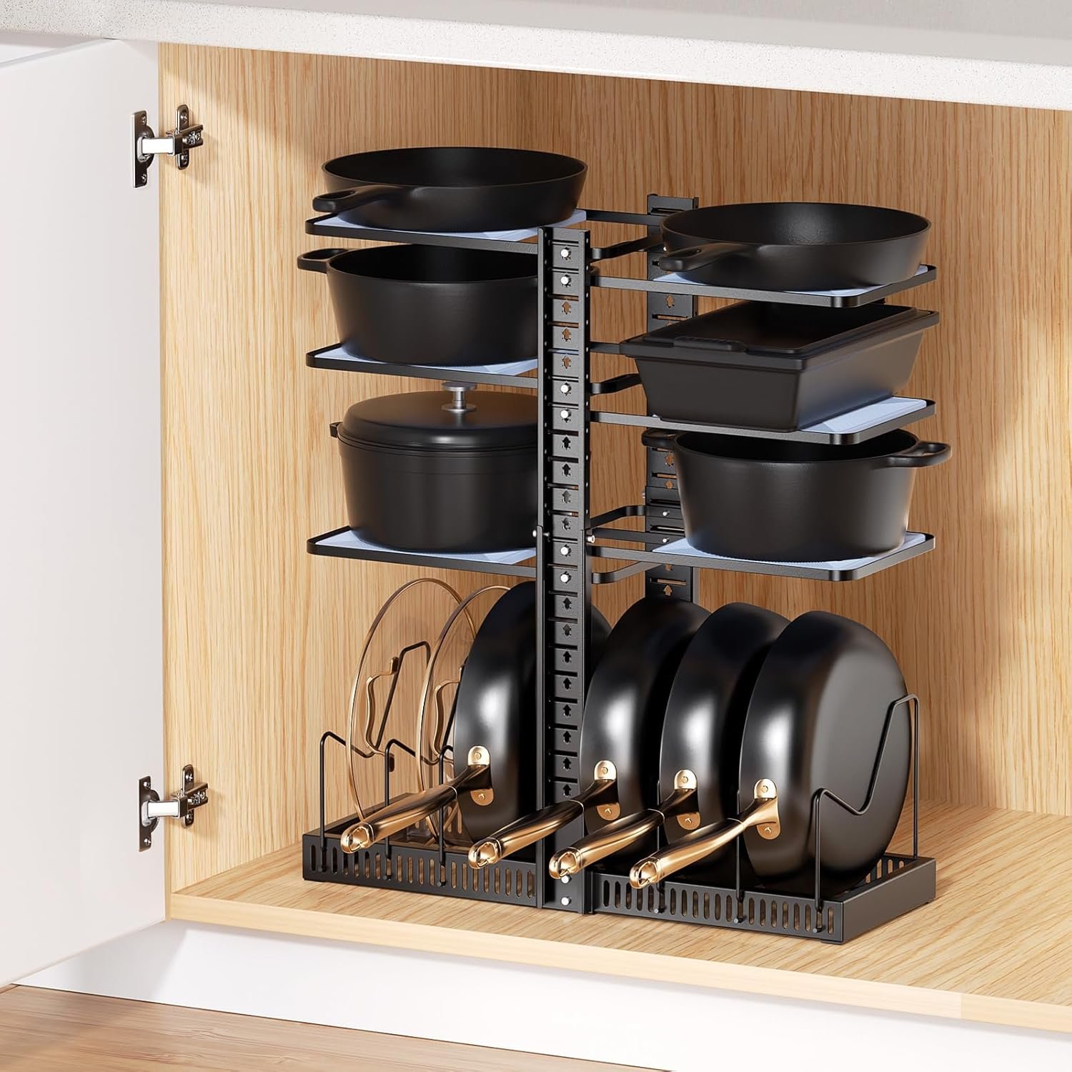 LAMU Pots and Pans Organizer under Cabinet, Adjustable Height Up to 24”, 6 Tier Pot Organizer Rack with 6 Horizontal Dividers, Adjustable Pot and Pan Organizer for Kitchen Storage, Black