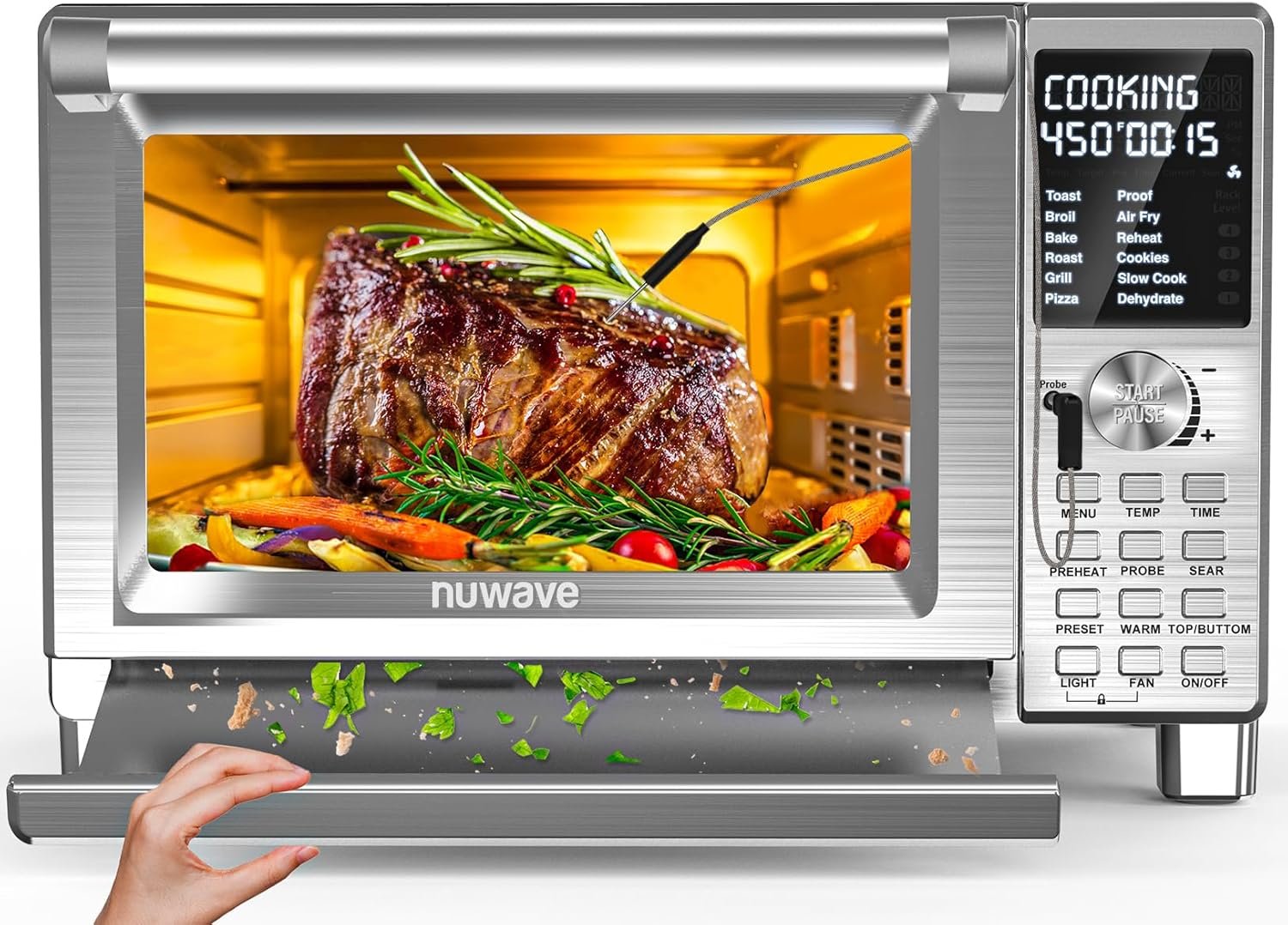 Nuwave Bravo XL Pro Air Fryer Toaster Oven, Improved 100% Super Convection | Quicker & Crispier Results, 100 Presets, Multi-Layer Even Cooking, 50-500F, Smart Probe, PFAS Free, 30QT, Stainless Steel