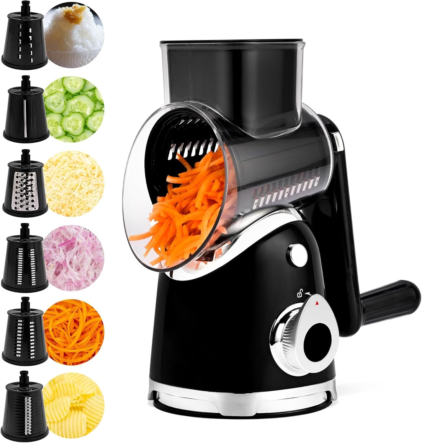 SUSTEAS Rotary Cheese Grater Hand Crank, Kitchen Shredder Vegetable Slicer | 6 Blades, Strong Suction Base, Wider Innet, Easy to Clean, for Veggie, Cheese, Ice, Nuts with Blade Storage Case, Black