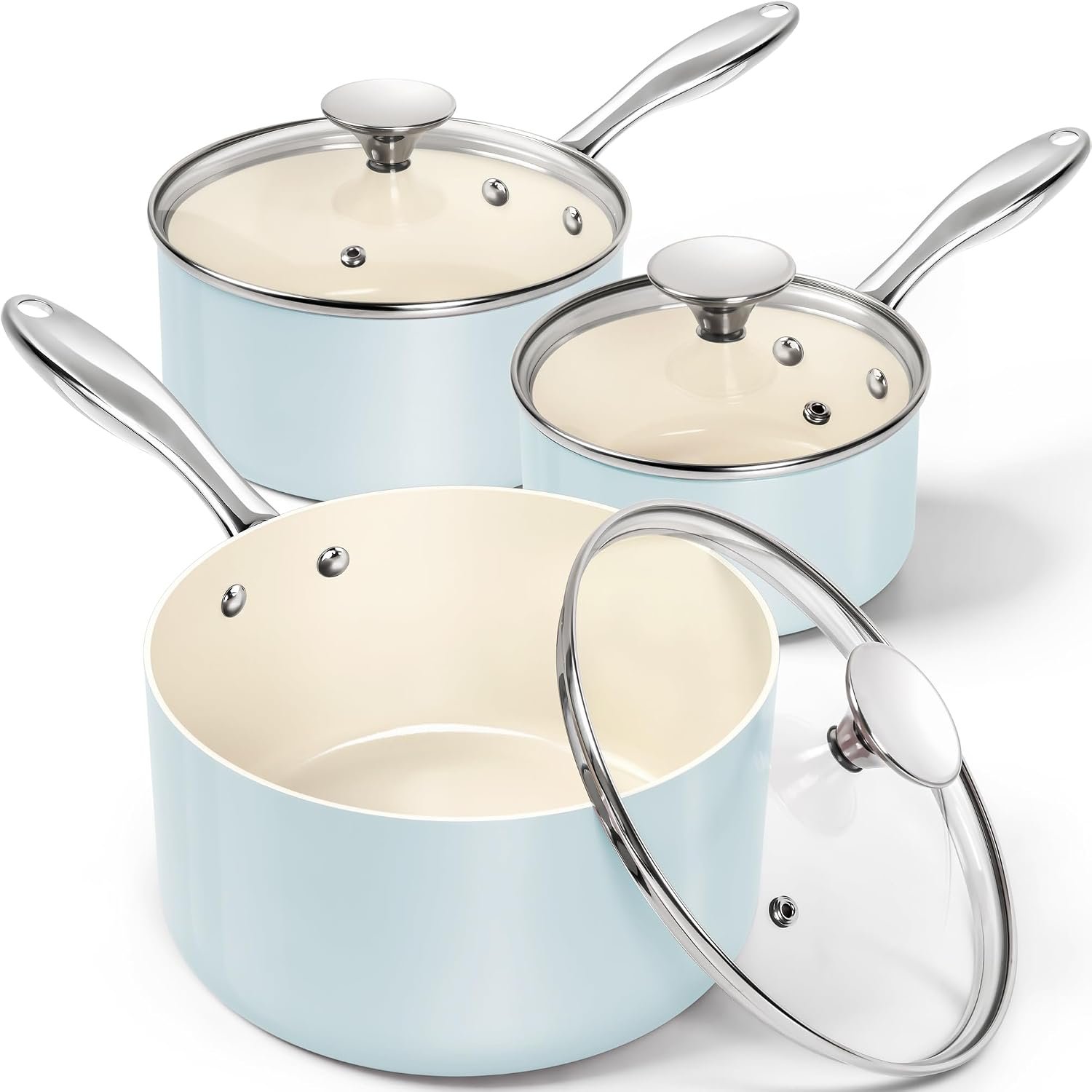 MICHELANGELO Sauce Pan with Lid, Non Stick Saucepan Set of 3-1Qt & 2Qt & 3Qt Small Pots for Cooking, Ceramic Saucepan – Non-Toxic, Scratch-Resistant, Oven Safe, Light Blue