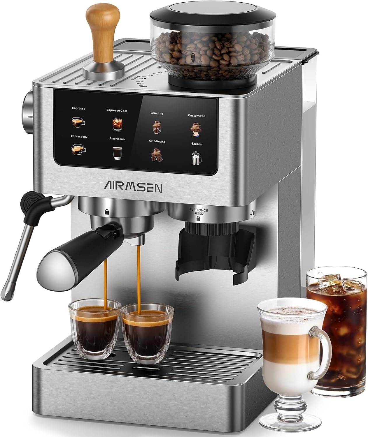 AIRMSEN Espresso Machines with Burr Grinder, 20 Bar, Milk Frother Steam Wand, Stainless Steel Coffee Maker for Home – Cappuccino Latte & ​​Cold Brew​​ Iced Coffee Maker & Americano