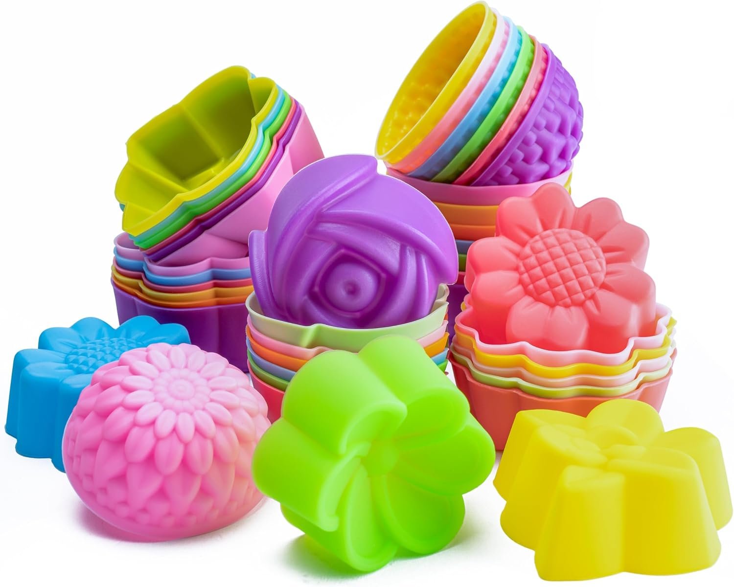 R HORSE Mini Size Silicone Molds, 2 inch Multi Flower Shapes Baking Cups | Non-Stick Muffin Liners, Reusable Wrapper Molds, Ideal for Donut, Puddings, Dessert, Oven Microwave Dishwasher Safe, 42 Pack