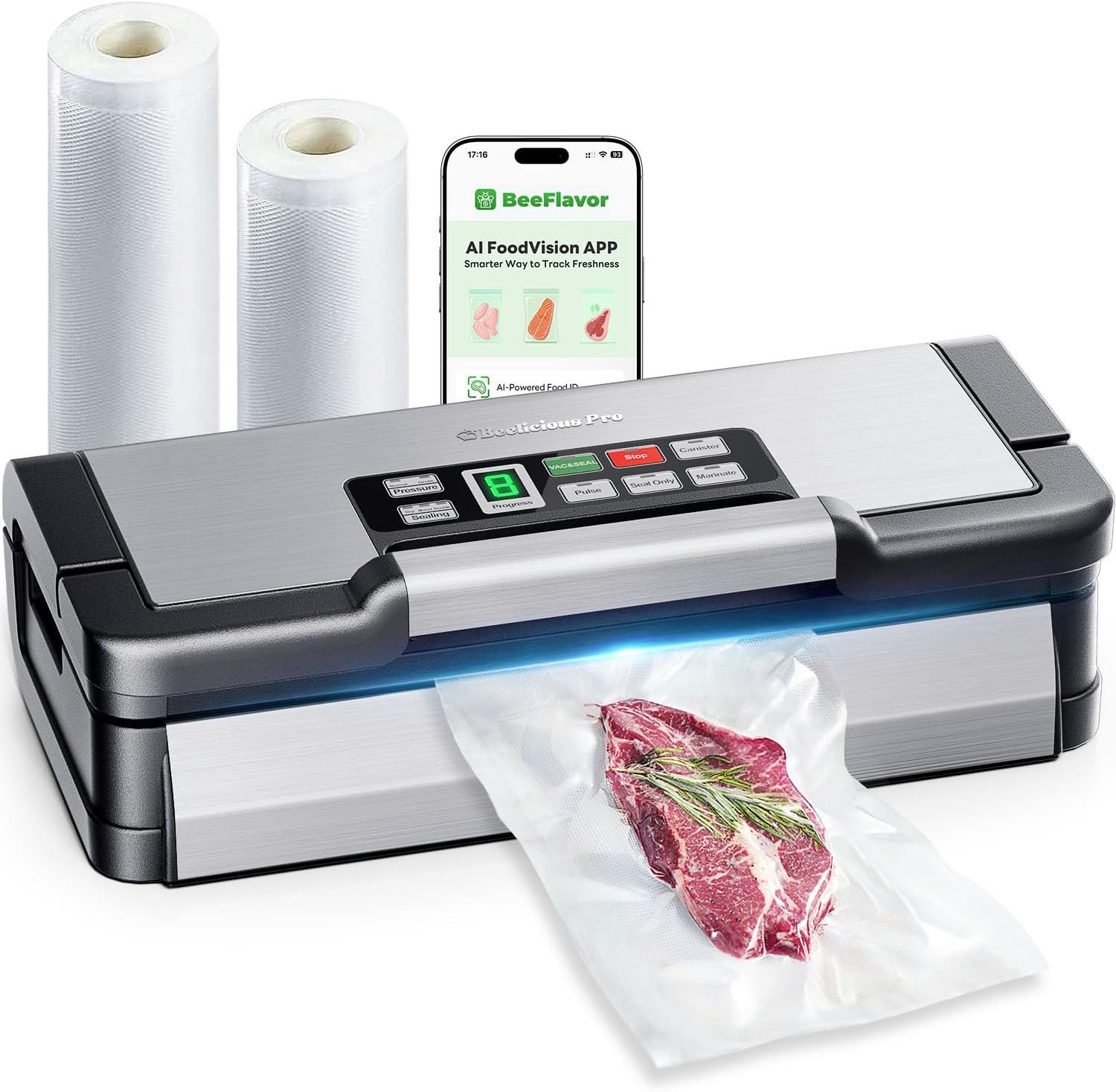 95kPa Vacuum Sealer Machine with AquaLock Technology, Dual-Pump Automatic Food Sealer for Dry & Moist Foods, Double Heat Seal, Built-in Cutter, Bag Storage & Accessory Hose,2 Bag Rolls,Stainless Steel